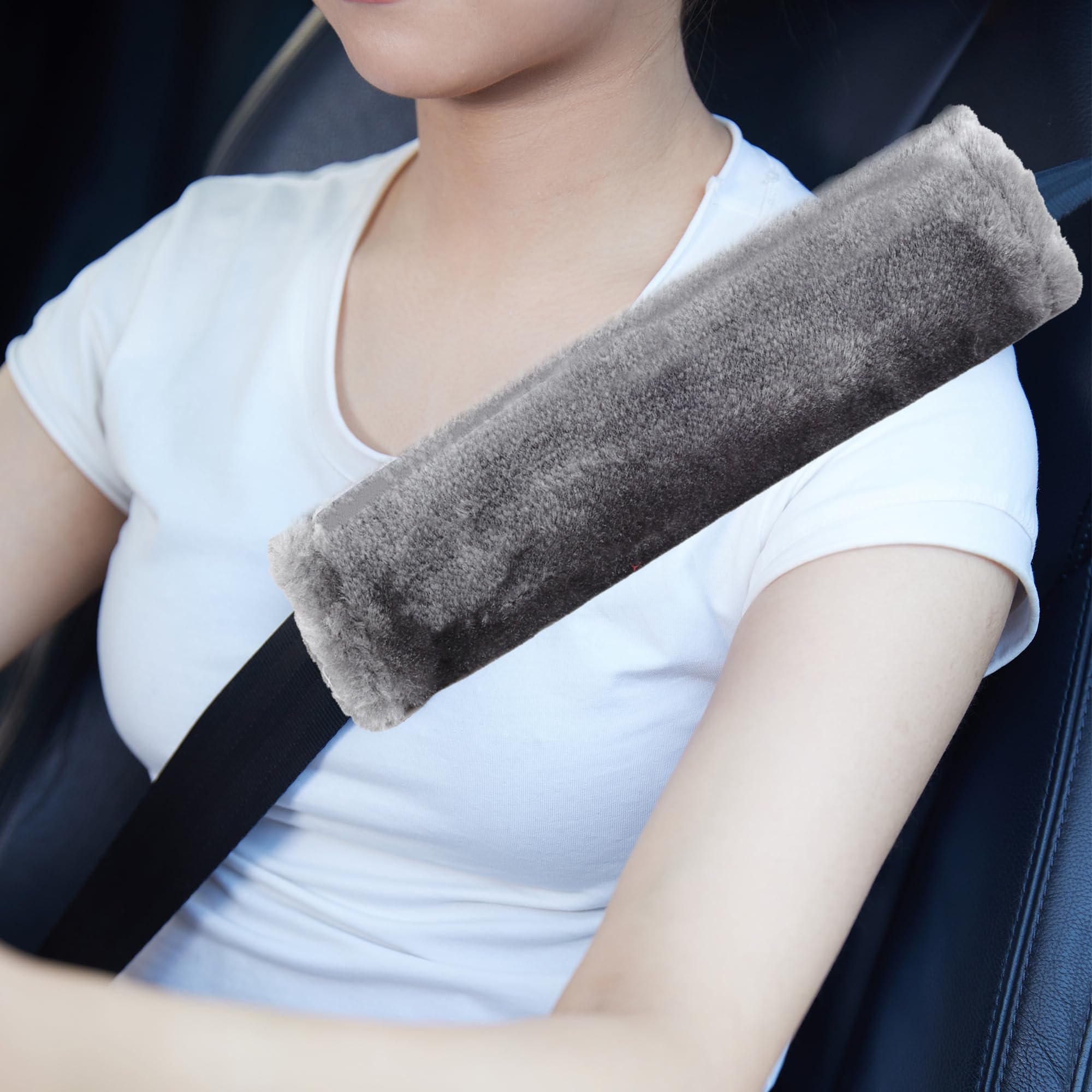 Moonet 2 Packs Car Seatbelt Covers Shoulder Pad For More Comfortable Driving, Universal Seat Belt Cover For Handbag Camera Backpack Straps, Soft Faux Sheepskin Wool Seat Belt Cushion (Gray)