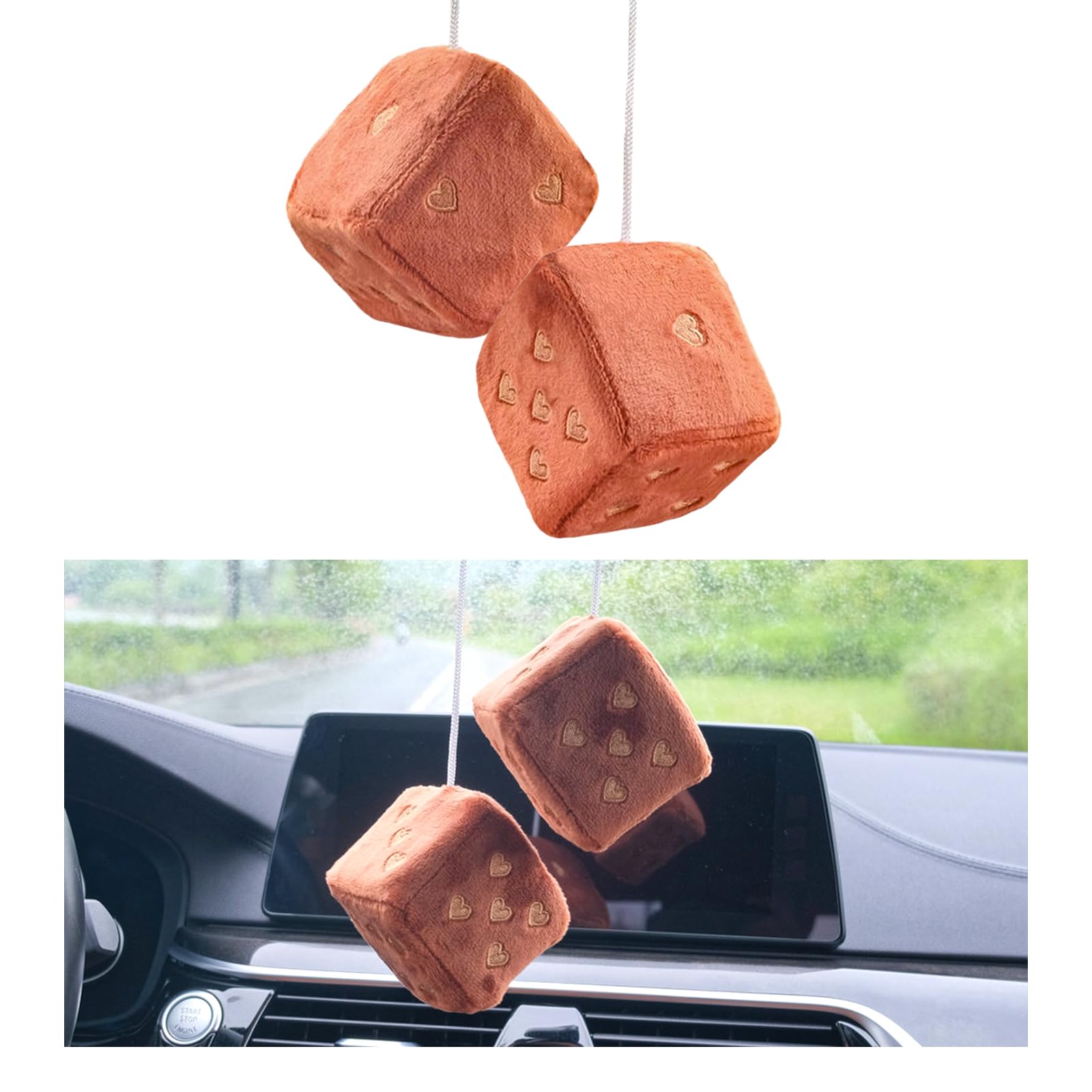 Ziciner Pair Fuzzy Plush Dice for Car Mirror, 3'' Retro Square Dice with Heart-Shape, Auto Rearview Mirror Hanging Ornament Deco