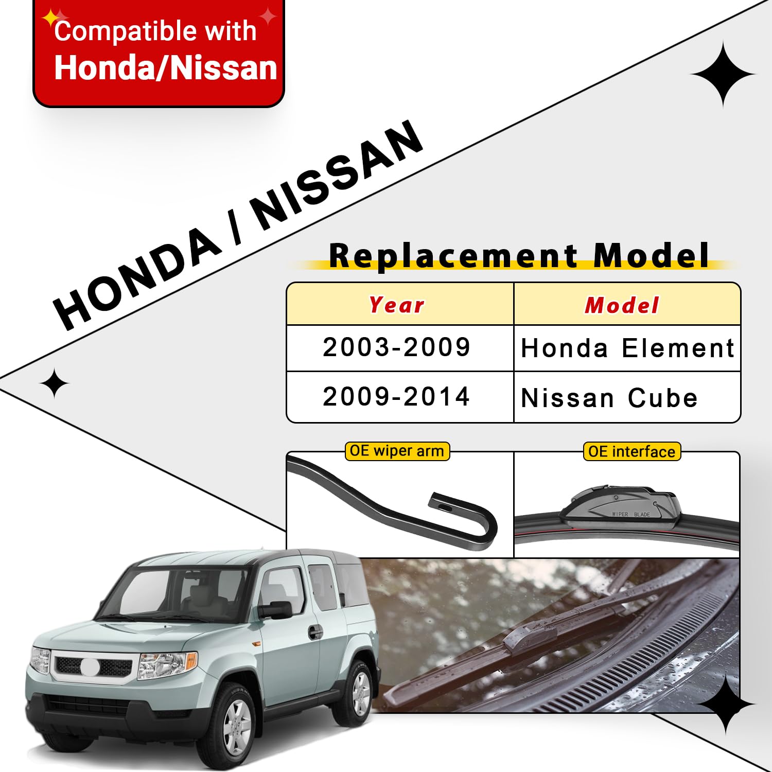 Raintok Windshield Wiper Blades Replacement For 2003-2009 Honda Element / 2009-2014 Nissan Cube Original Factory Quality Front R