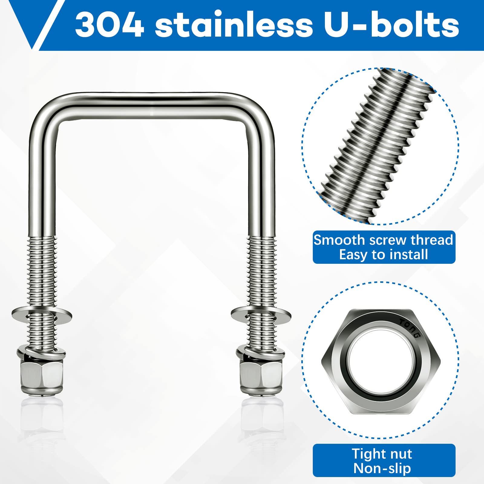 8 Pcs Hotop 304 Stainless Steel Square U-Bolt Boat Trailer U-Bolts with Washers and Nuts l Heavy Duty U Bolt for Sailboat Traile