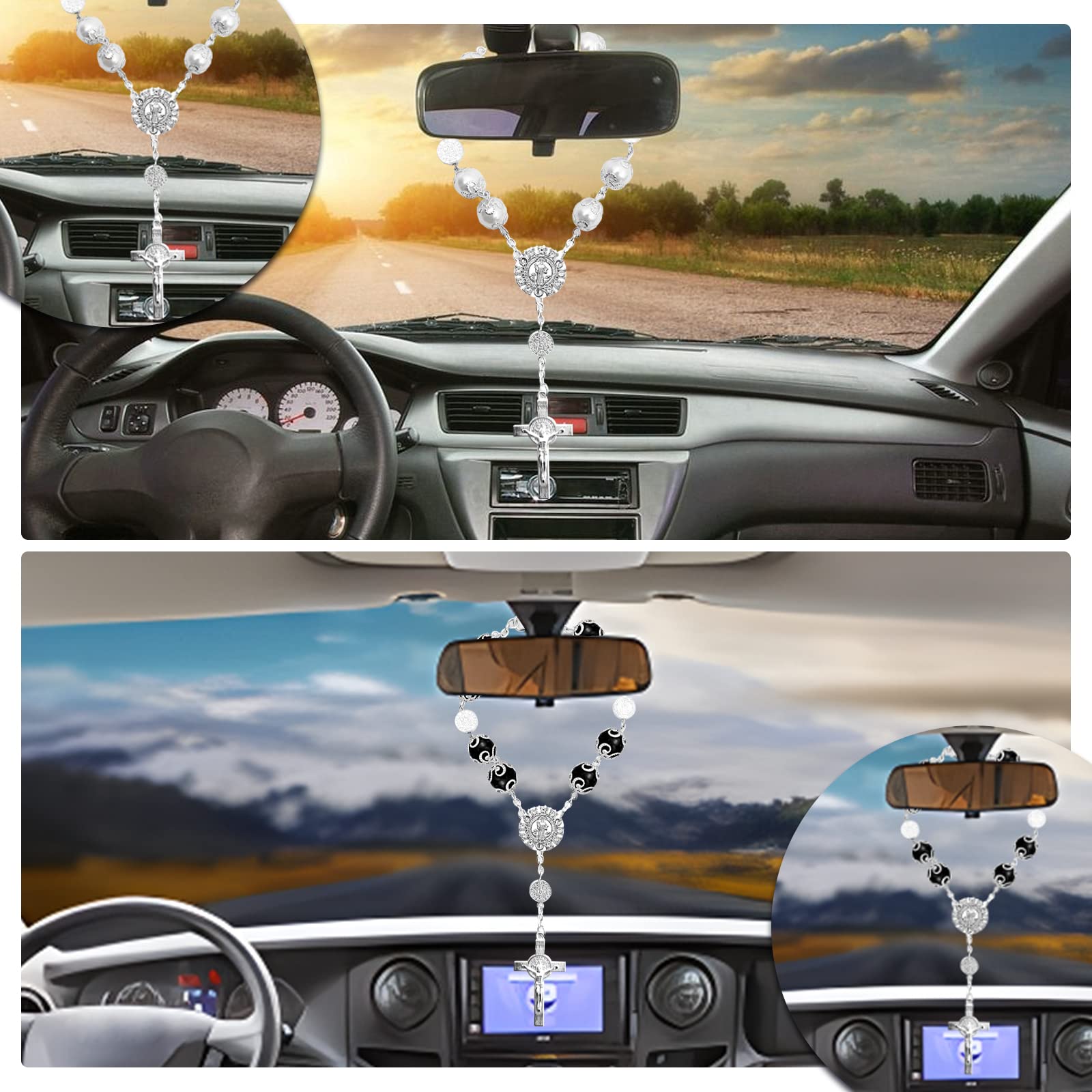 2 Pieces Car Mirror Hanging Accessories,Car Rosary with Cross Blessing Rosary, Beads Catholic for Woman Men Personalized Rearvie