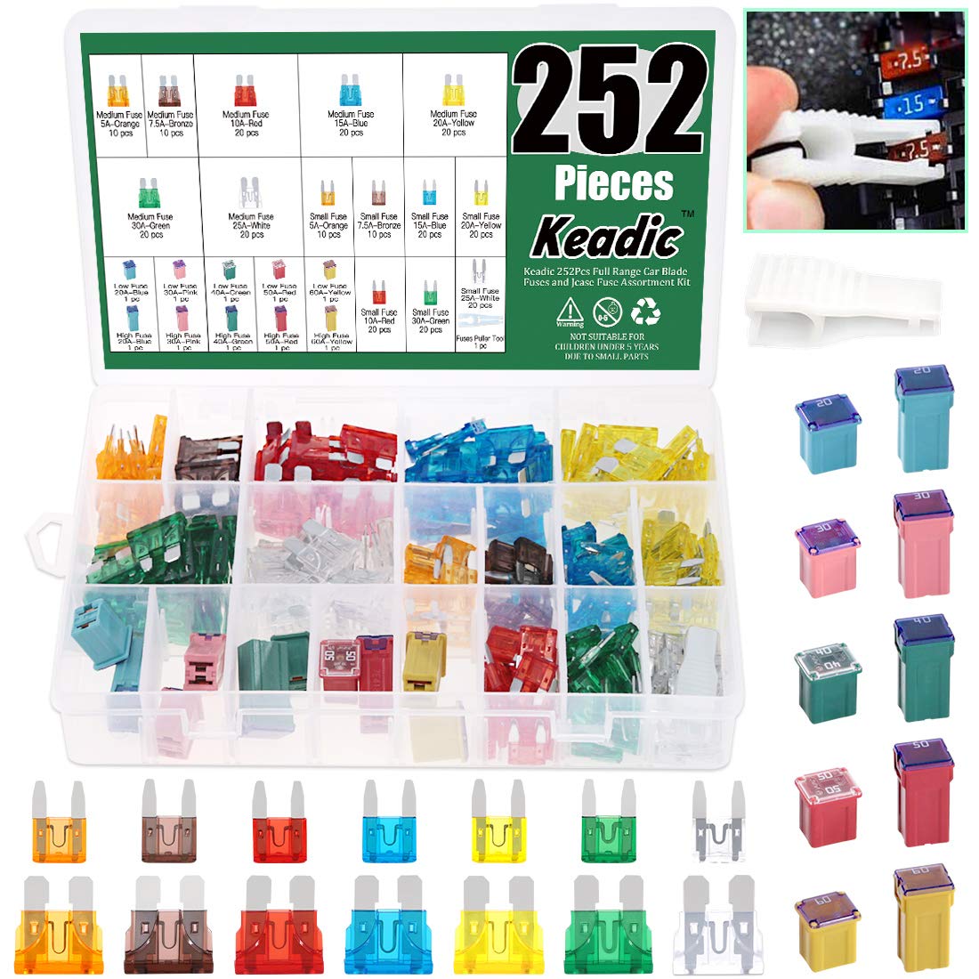 Keadic 252Pcs Full Range Car Blade Fuses Assortment Kit, Automotive Assorted Fuses With A Puller Tool For Ford Chevy/Gm Nissan A