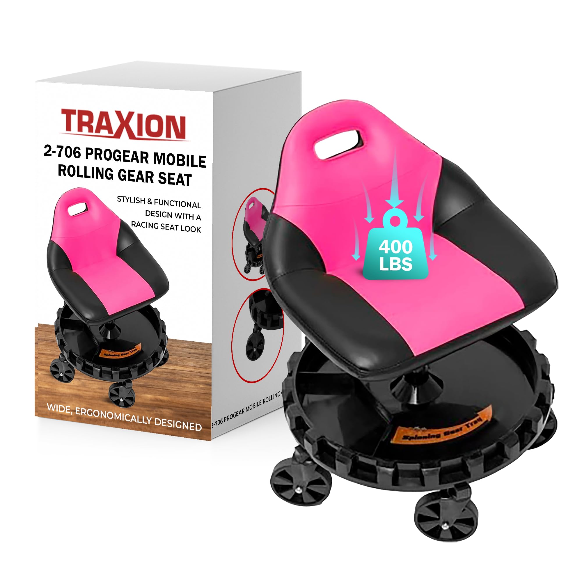 Traxion 400Lb Capacity 2-706 Pink Progear Mobile Rolling Gear Seat With Black Carbon Fiber