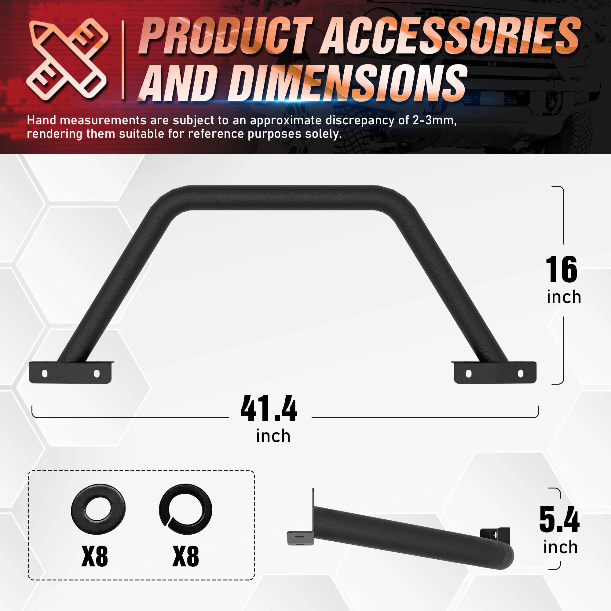 Eyouhz Bull Bar Grille Brush Guard With Light Mount Compatible With 2021 2022 2023 2024 Ford Bronco 2/4 Door (For Modular Steel Front Bumper Only) Rock Off-Road Front Bumper Rack Push Bar-Black