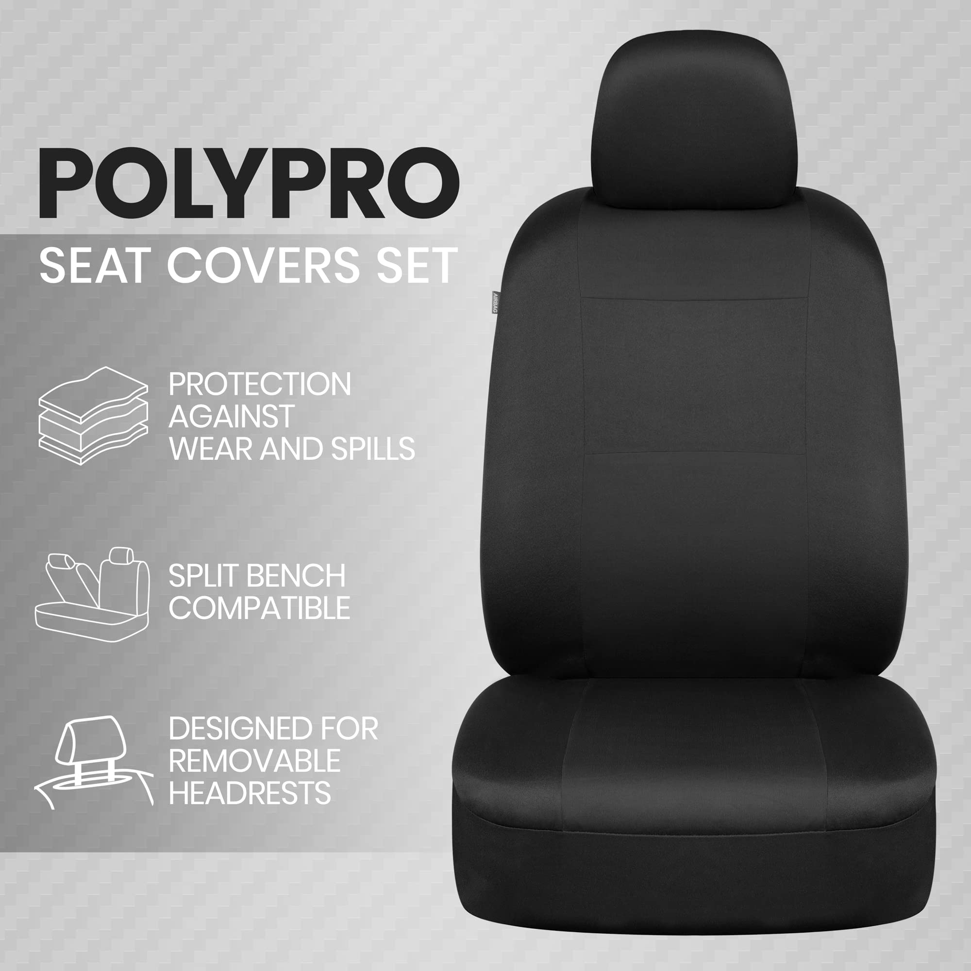 Bdk Polypro Car Seat Covers Full Set In Solid Black, Front And Rear Split Bench Seat Covers For Cars, Easy To Install Car Seat Cover Set, Car Accessories For Auto Trucks Van Suv - Solid Black