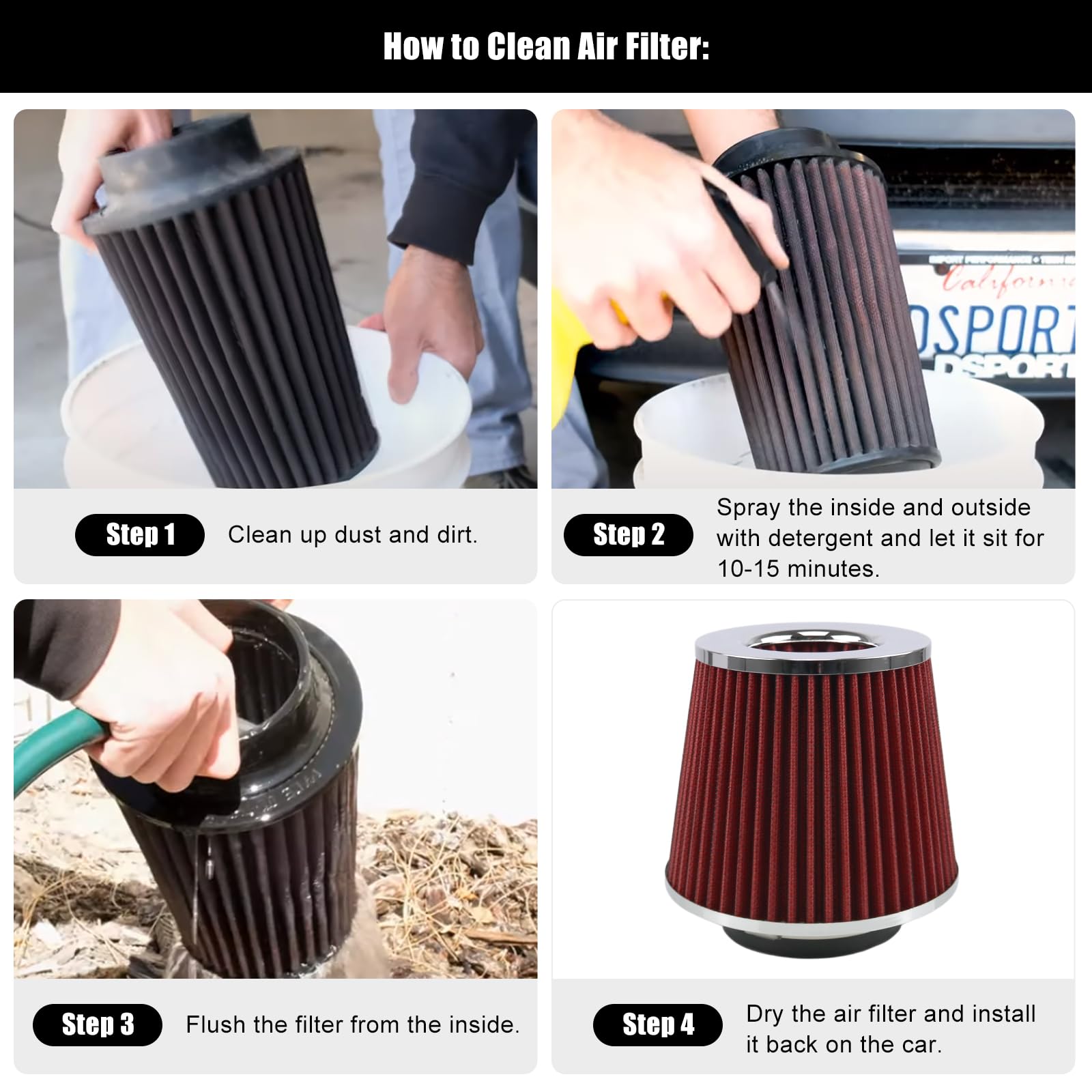 RYANSTAR RACING 83mm 3.25'' High Flow Round Tapered Cone Closed-Top Washable Clamp-On Dry Air Filter