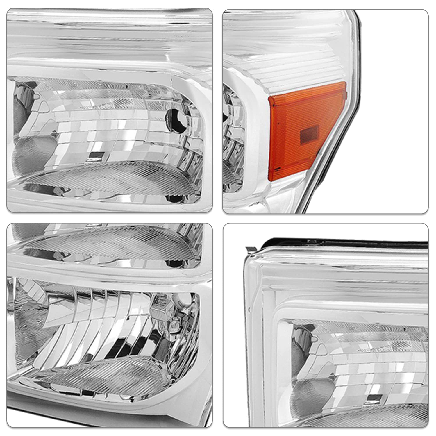 Sockir Headlight Assembly Set For 2011-2016 Ford F-250 F-350 F-450 F-550 Super Duty Passenger And Driver Side (Chrome Housing With Amber Reflector)