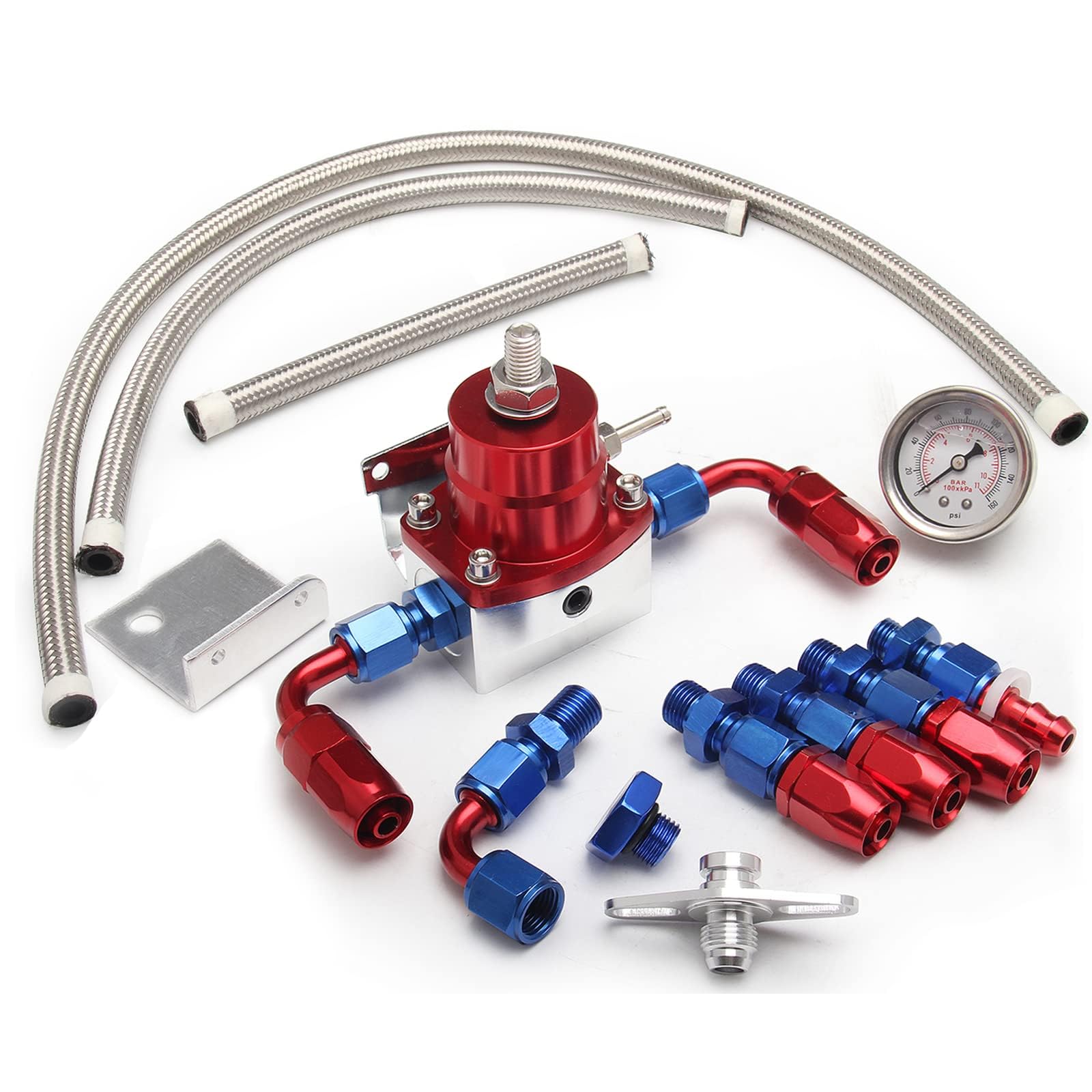 YESHMA EFI Fuel Pressure Regulator Kit 0-100psi with Gauge 6AN Fuel Line Fitting Universal Adjustable Aluminum (Blue+Red)