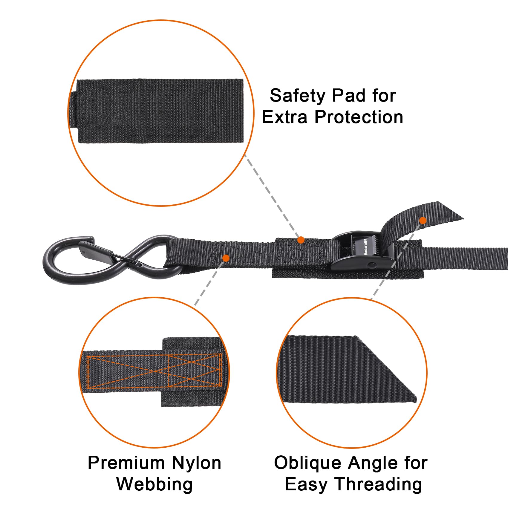 Masterwise Tie Down Straps with Hooks, 8 feet 1200lbs Break Strength Cam Buckle Tiedown Set with Integrated Soft Loops for Motor