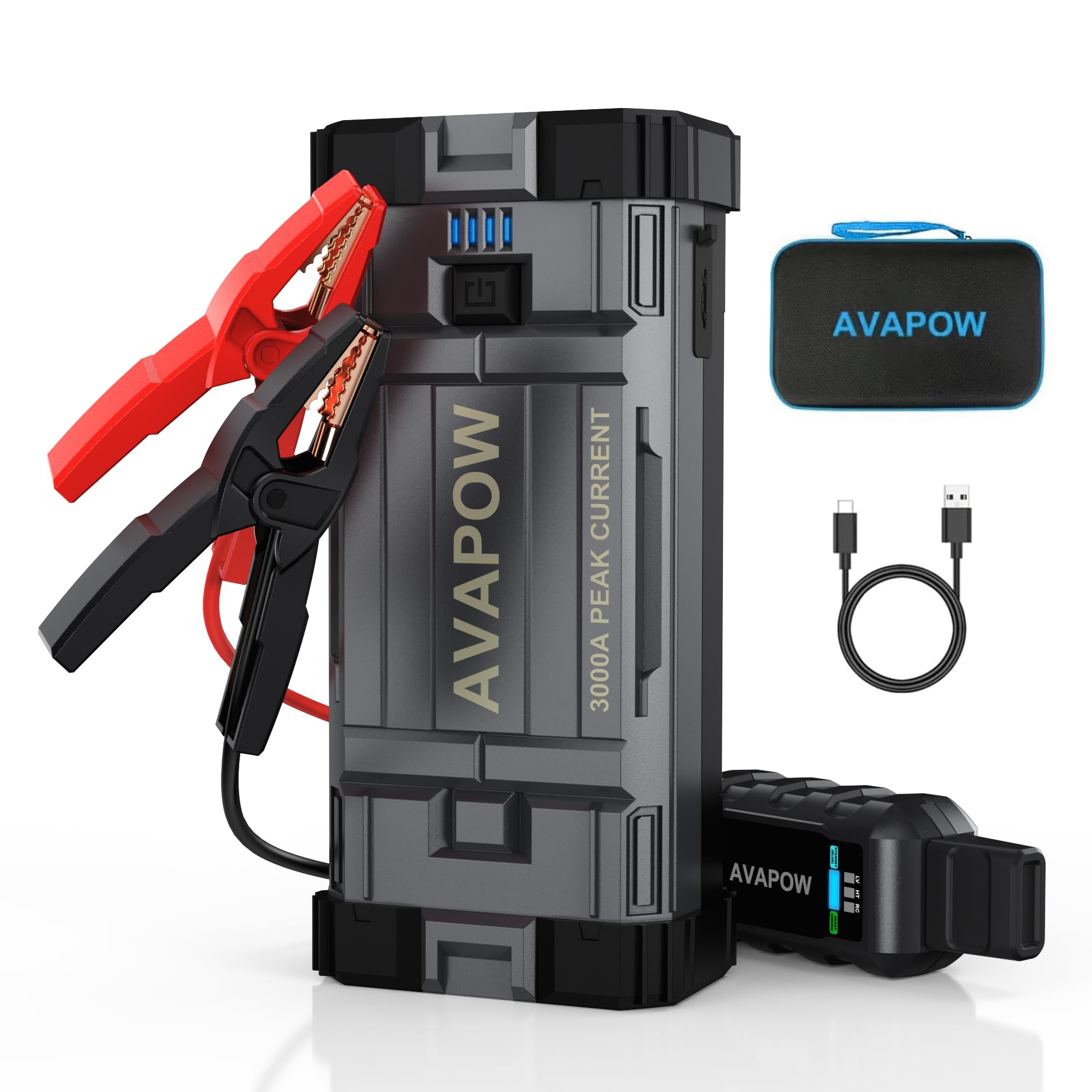 Avapow Car Battery Jump Starter 3000A Peak, Jumpstart With Force Start Function, Portable Starters For Up To 8L Gas 8L Diesel En