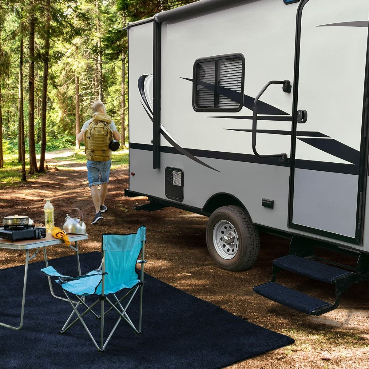 Prest-O-Fit 2-0204 Wraparound Radius Rv Step Rug Imperial Blue 22 In. Wide