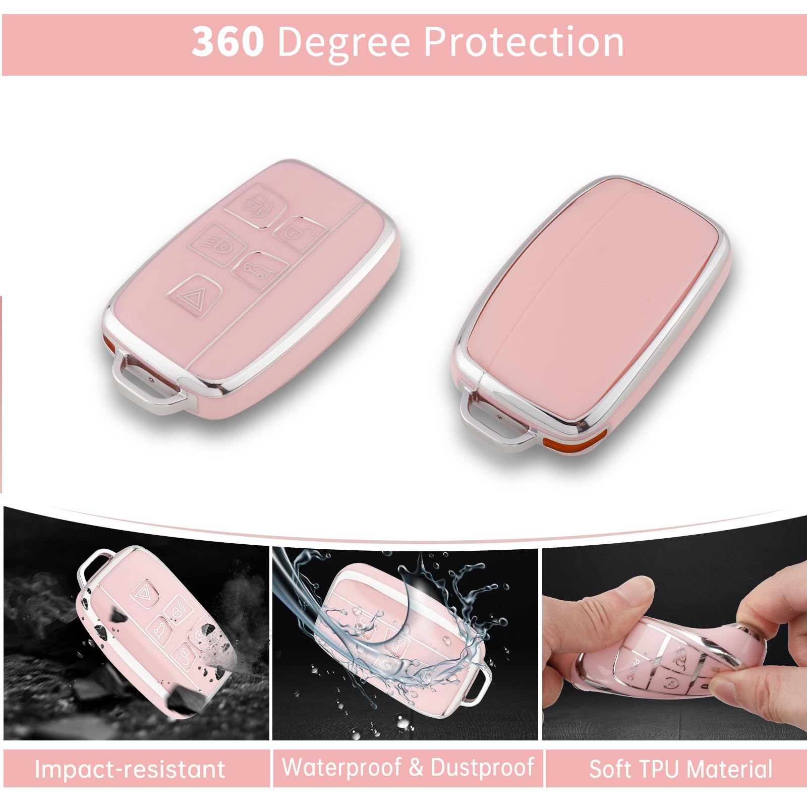 Pangpai Pink Key Fob Cover for Land Rover Jaguar, Soft TPU Key Case Protection with Bling Keychain Fit for Evoque Velar Sport Di