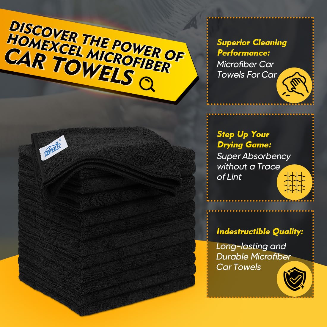 Homexcel Black Microfiber Cleaning Cloth 50 Pack, 12.5 X 12.5 Inch Microfiber Towels For Cars, Ultra Absorbent Car Washing Cloth