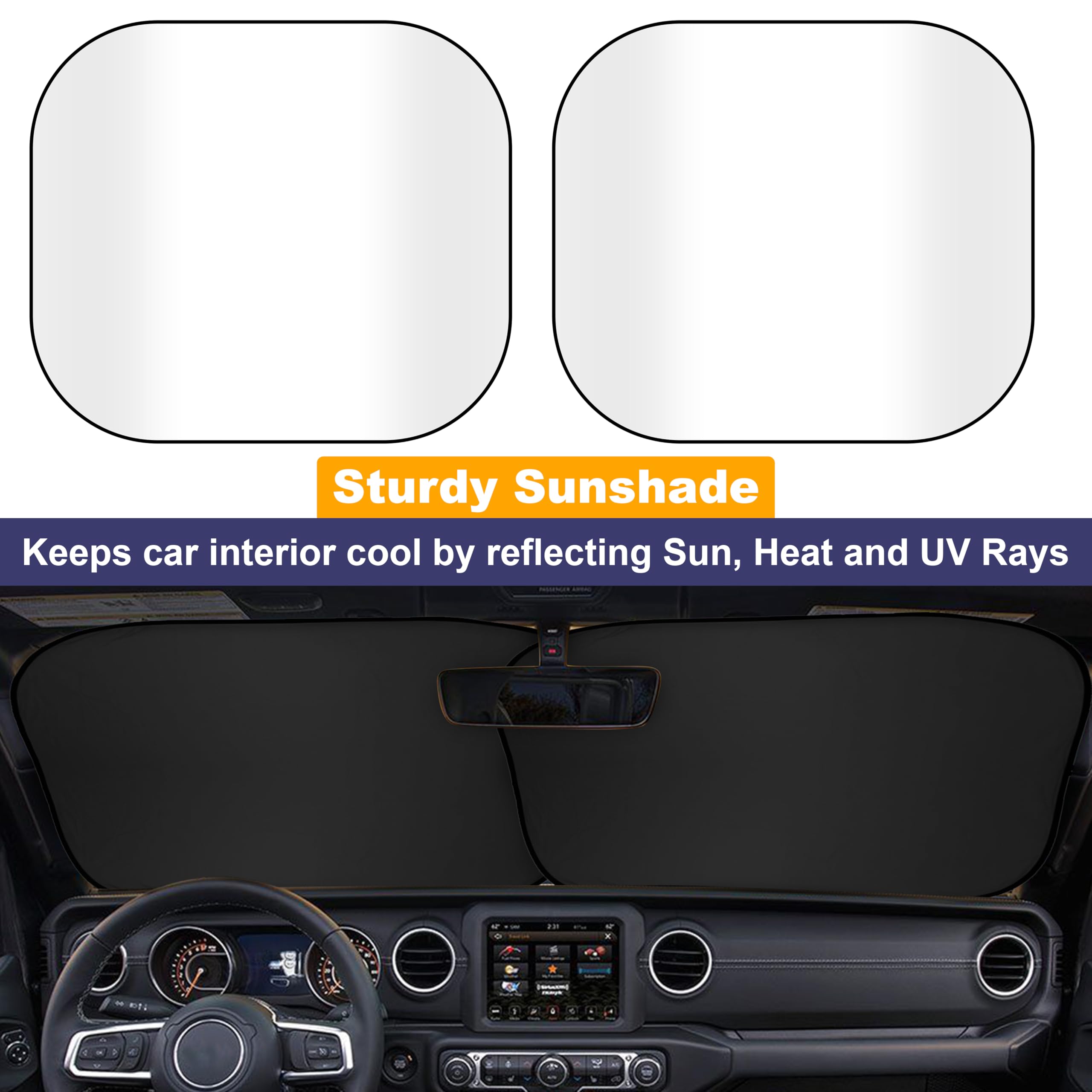 Econour 2-Piece Windshield Sun Shade For Jeep, Offers Complete Automotive Sun Protection, Foldable Jeep Windshield Shade Suits W