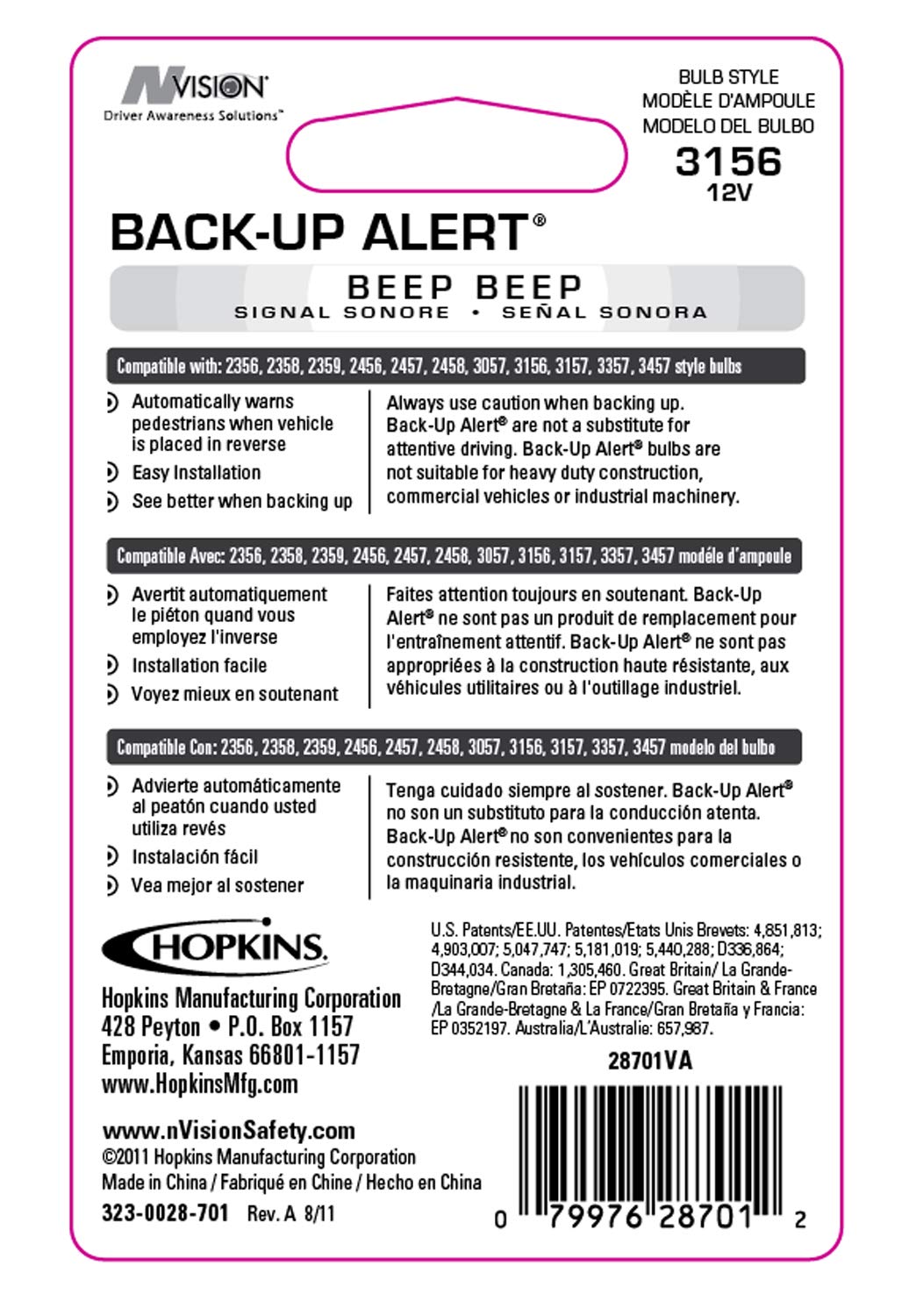 Hopkins Towing Solutions 28701Va Nvision Back-Up Alert With Audible Back-Up Warning 3156 Style Light Bulb