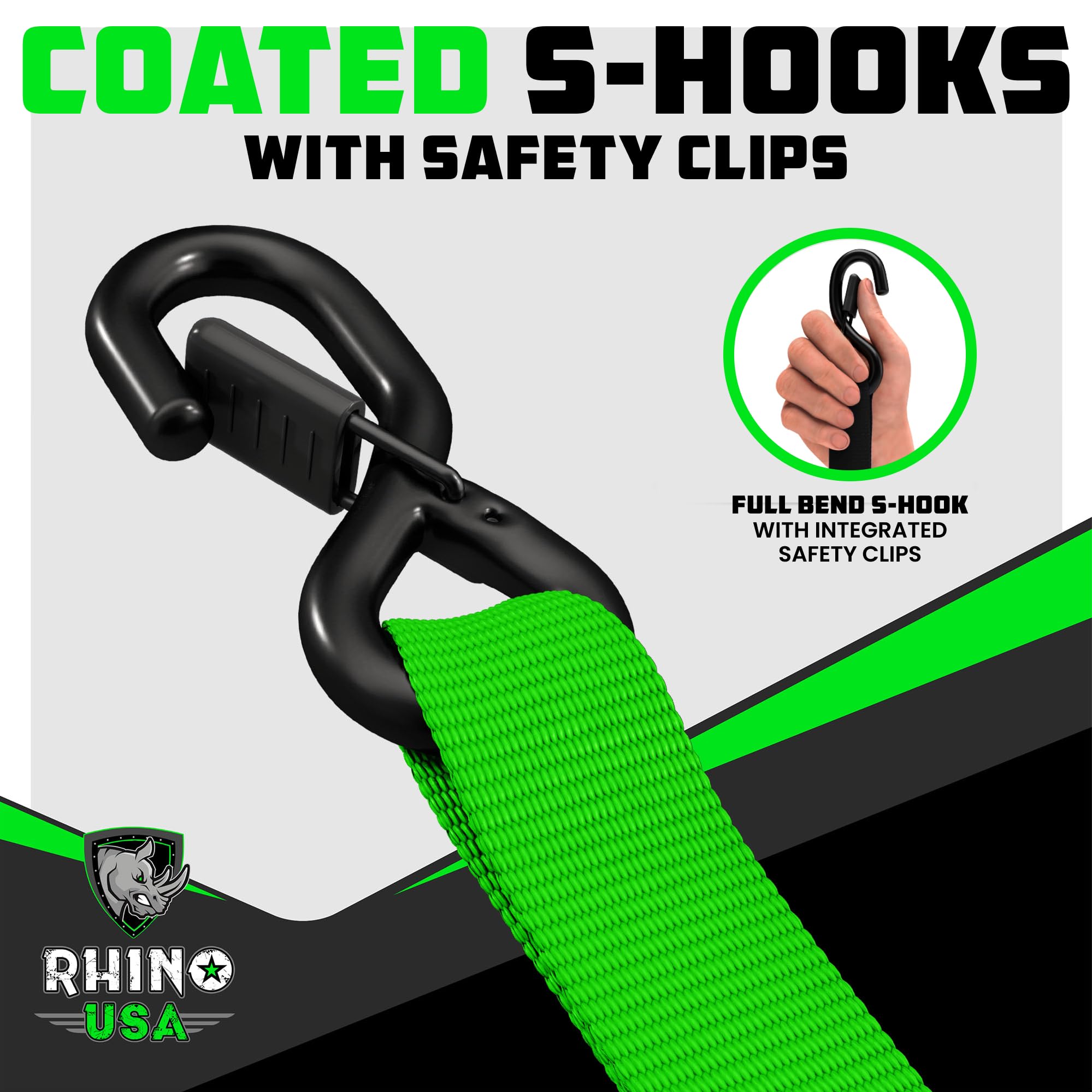 Rhino Usa Ratchet Straps Heavy Duty Kit (4-Pack) - 1.6 Inch X 8 Feet (5,208Lb Break Strength) - Ultimate Tie Down Straps With Sa