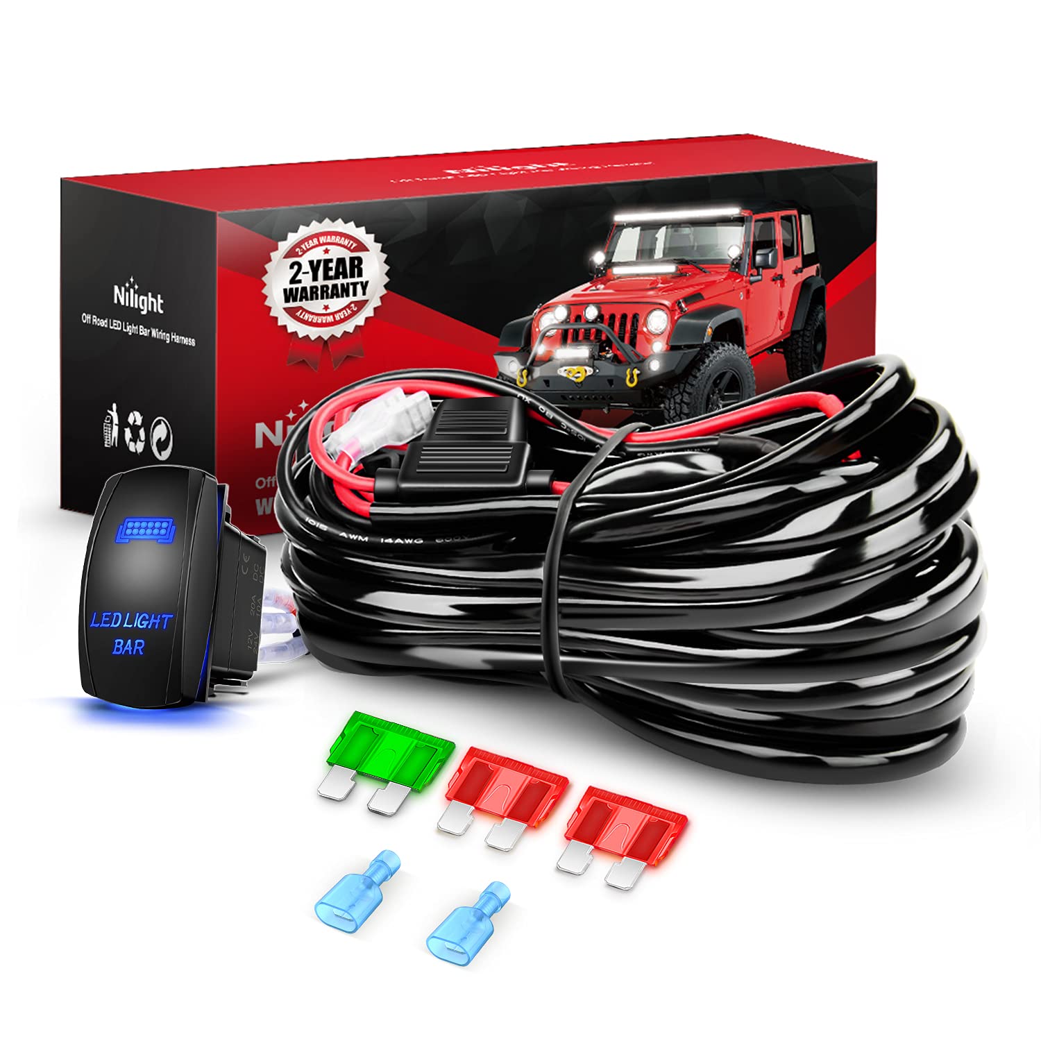 Nilight - 10019W Led Light Bar Wiring Harness Kit 12Awg Heavy Duty 12V 5Pin Rocker Switch Laser On Off Waterproof Switch Power Relay Blade Fuse-1 Lead,2 Years Warranty
