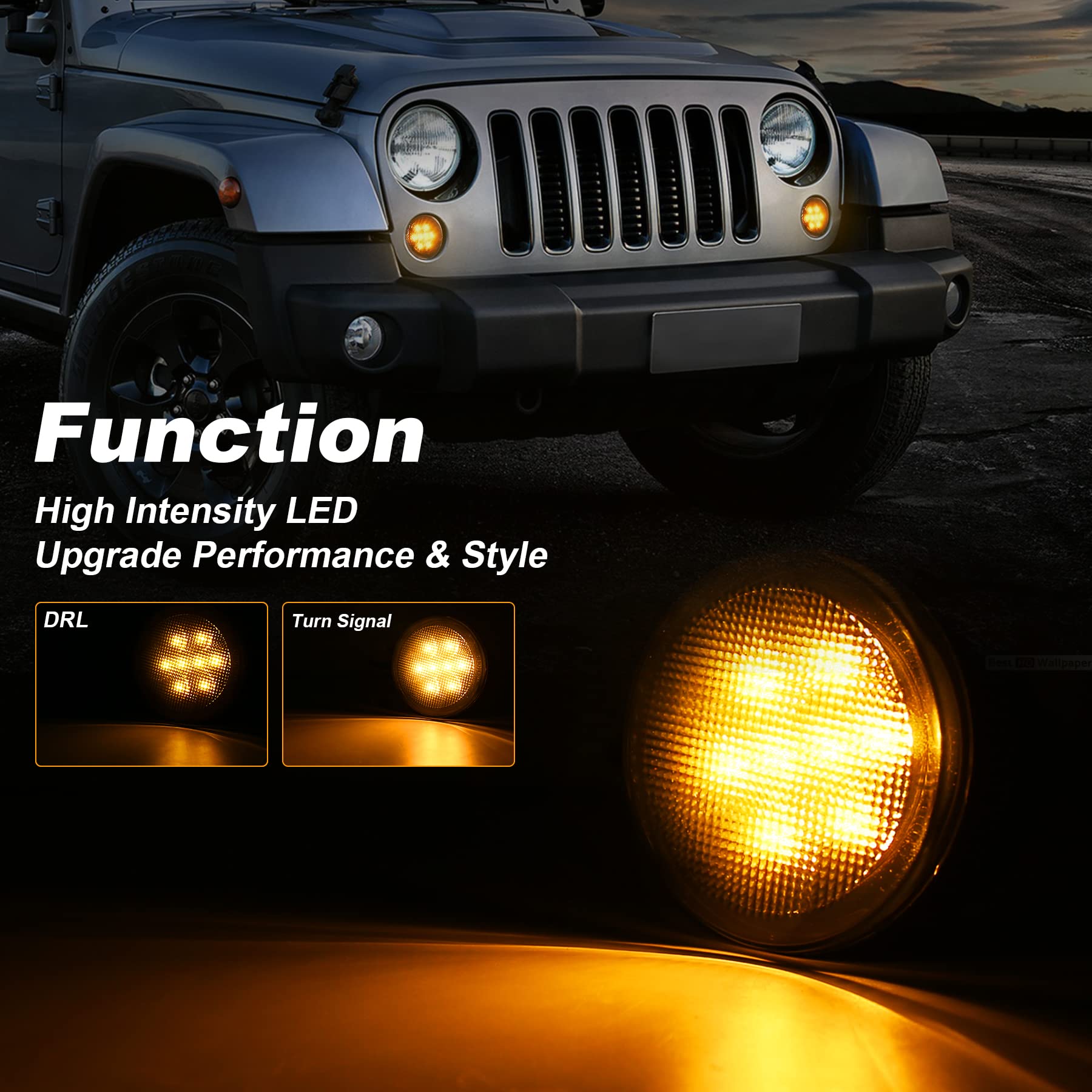 Pxpart Jk Turn Signal Lights Smoke Lens Amber Led Front Grill Indicator Parking Lights For Jeep Wrangler Jk Jku 2007-2017