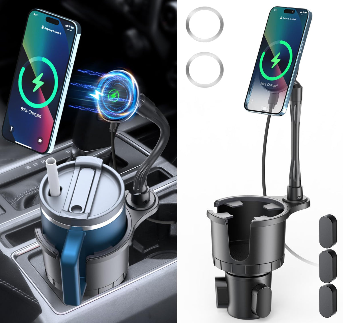 Magnetic Wireless Cup Phone Holder for Magsafe Car Mount Charger 15W Fast Charging Cell Phone Stand Drink Holder with Expandable