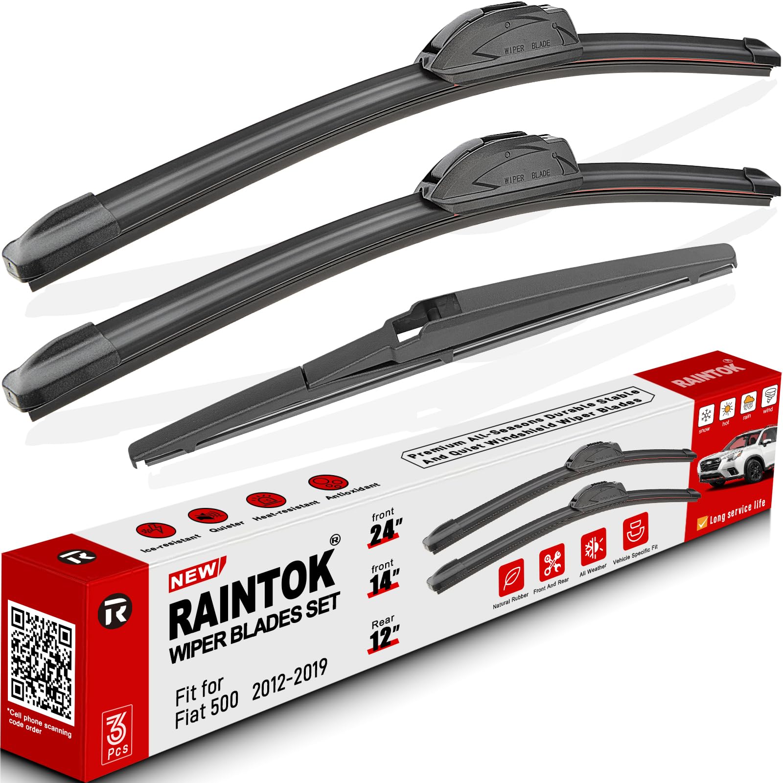 Raintok Windshield Wiper Blades Replacement For 2012-2019 Fiat 500 Original Factory Quality Front Rear Wipers Blade Set For My C