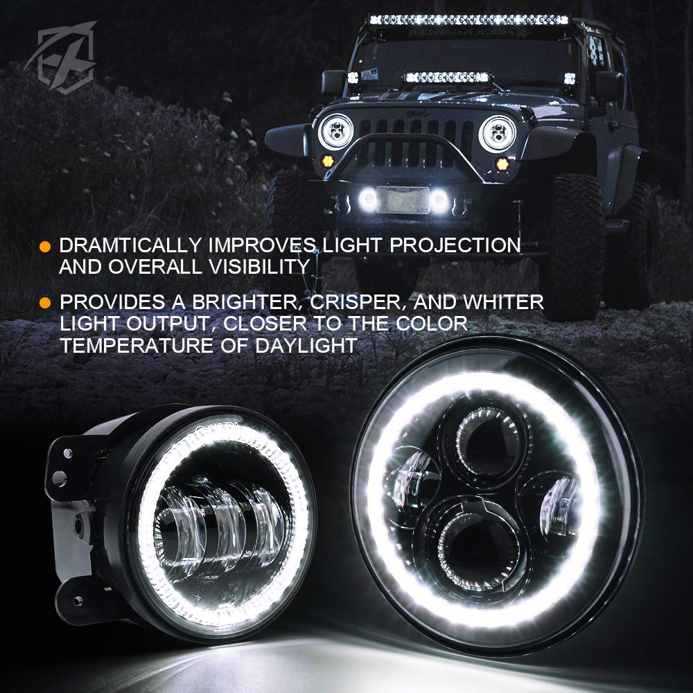 Xprite 7 Inch 90W Led Headlights & 4 Inch 60W Fog Lights Combo W/White Halo Lights Compatible With 2007-2018 Jeep Wrangler Jk, D