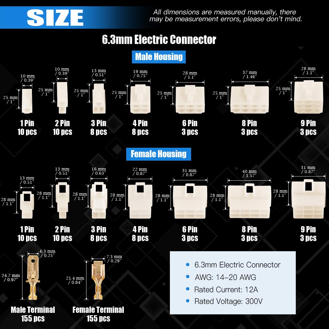 Glarks 400Pcs 6.3mm 1 2 3 4 6 8 9 Pin Electrical Automotive Wire Connector Male Female Socket Plug and Pin Header Crimp Wire Ter