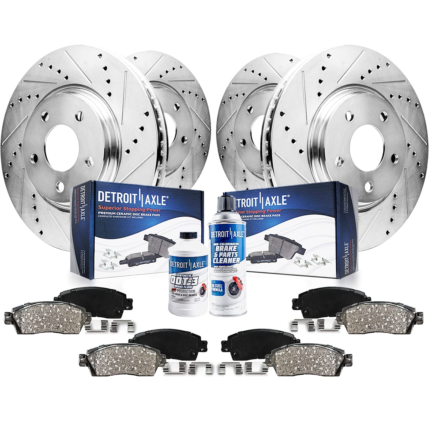 Detroit Axle - Brake Kit For Toyota Tundra Sequoia Land Cruiser Lexus Lx570 Drilled Slotted Disc Brake Rotors Ceramic Brakes Pads Front And Rear Replacement