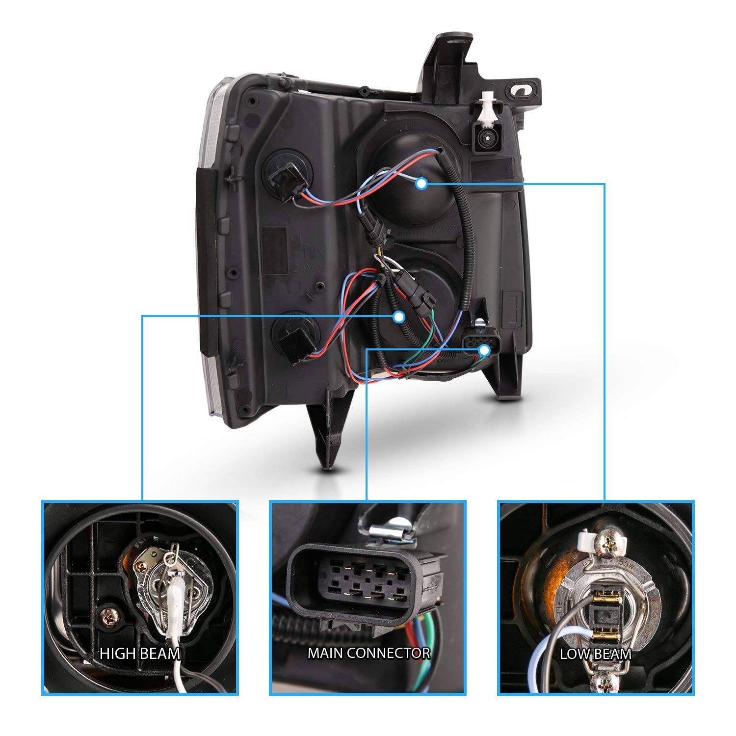 Amerilite For 2007-2013 Chevy Silverado 1500/07-14 2500Hd 3500Hd Led, Halogen, Tube Quad Projector Car Headlights Assembly Set -