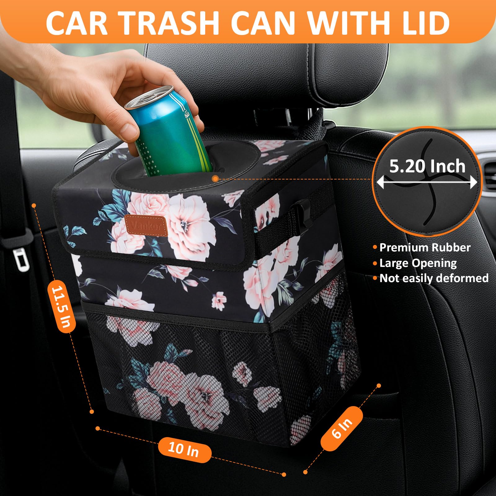 Vankor 3 Gallons Car Trash Can With Lid, Car Bag Bin Hanging Waterproof Automotive Garbage Cans Leak Proof Vehicle Trash Can Bla