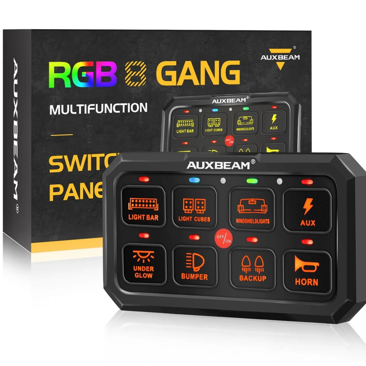 Auxbeam Switch Panel Rgb 5 Inch Large 8 Gang Switch Panel Ra80 Xl, Toggle Momentary Pulsed 12V Switch Panel For Car Truck Suv Rv Camper Van Offroad Accessories Auxiliary Switch Panel, 2 Years Warranty
