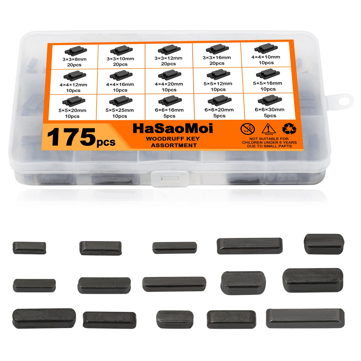 Hasaomoi 175Pcs Woodruff Key Stock Assortment, 8Mm-30Mm Stainless Steel Round Ended Feather Key With 15 Size, Parallel Drive Sha