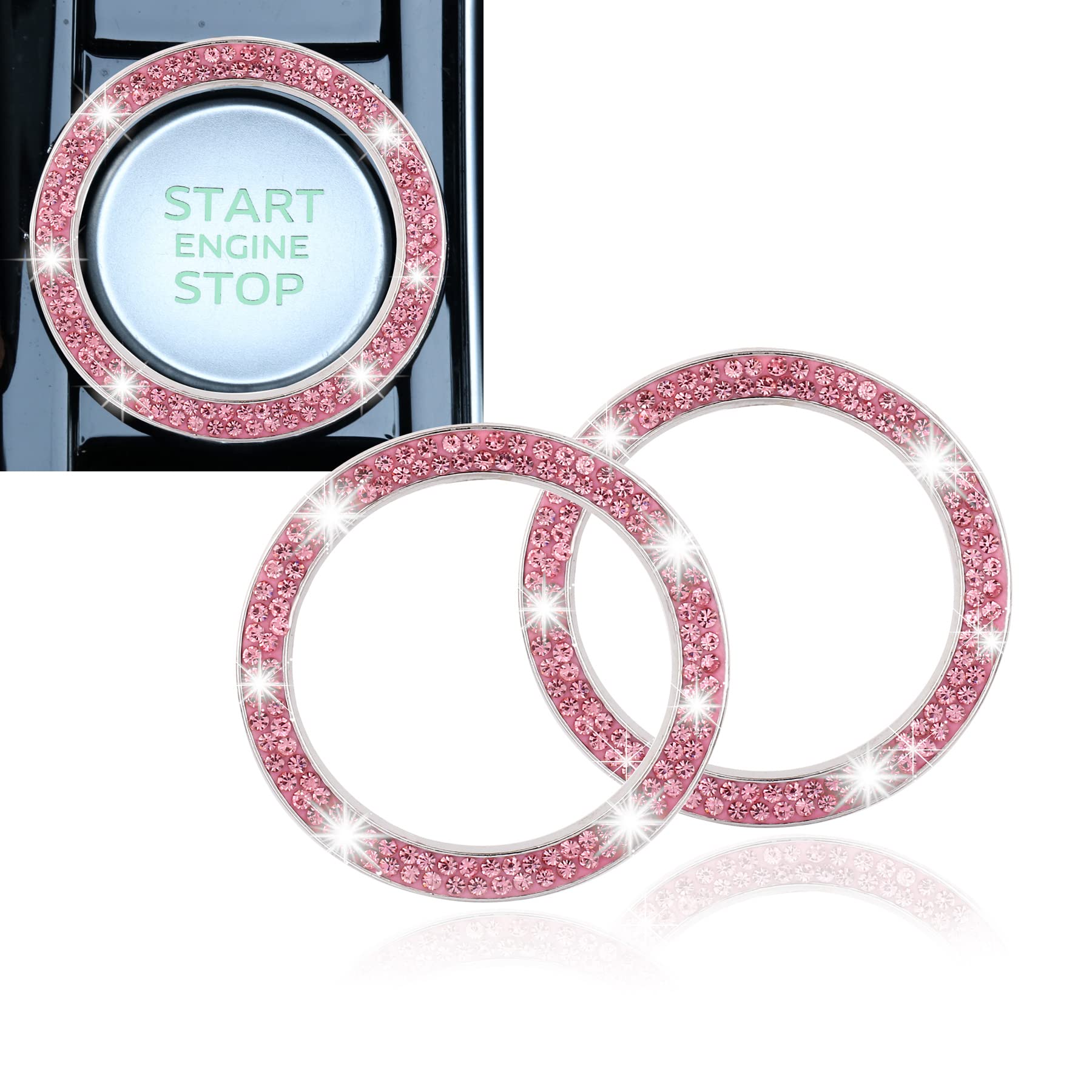 Livtee 2 Pcs Crystal Double Rhinestone Car Engine Start Stop Decoration Ring, Bling Car Interior Accessories For Women, Push To Start Button Cover/Sticker, Key Ignition & Knob Bling Ring, Pink