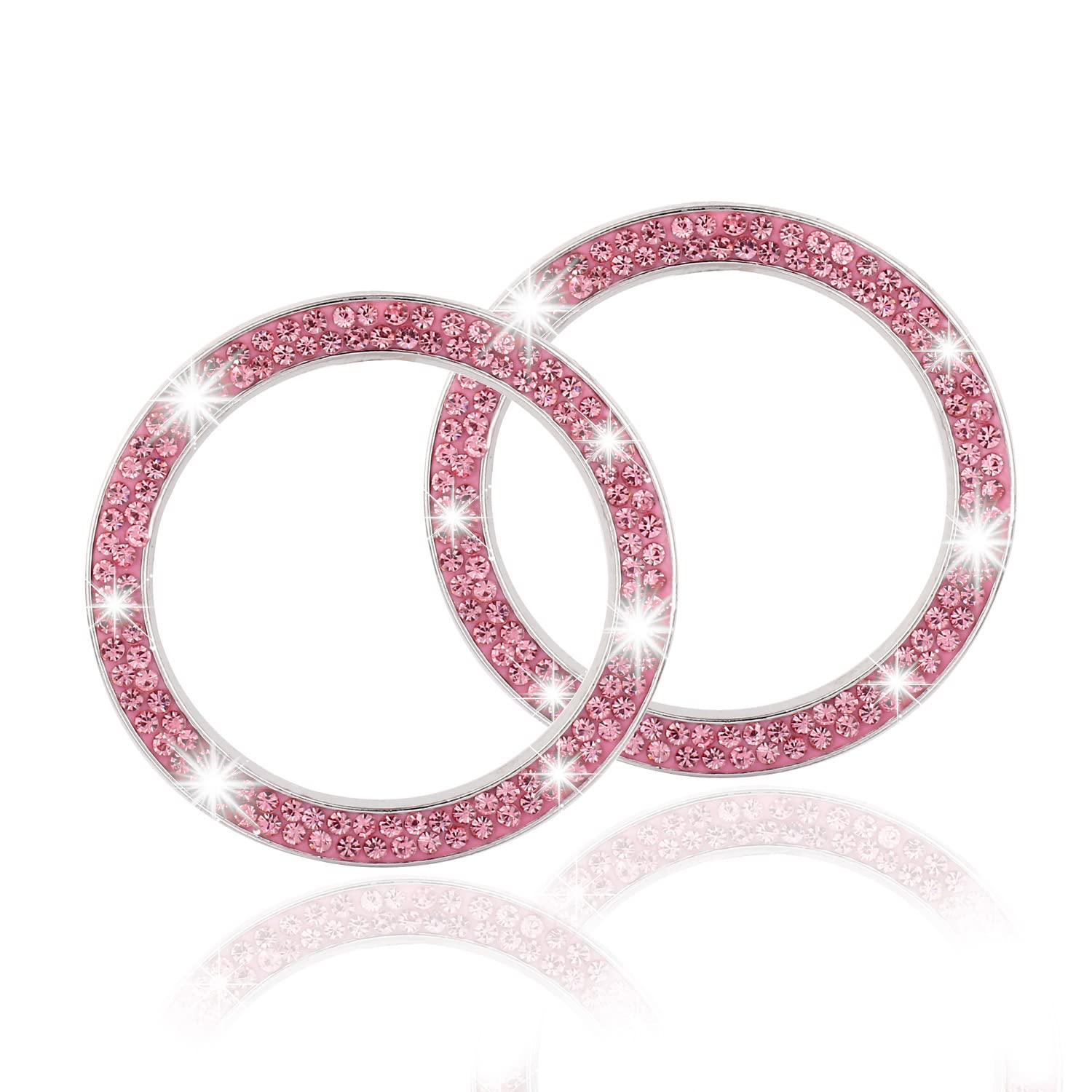 Livtee 2 Pcs Crystal Double Rhinestone Car Engine Start Stop Decoration Ring, Bling Car Interior Accessories For Women, Push To Start Button Cover/Sticker, Key Ignition & Knob Bling Ring, Pink