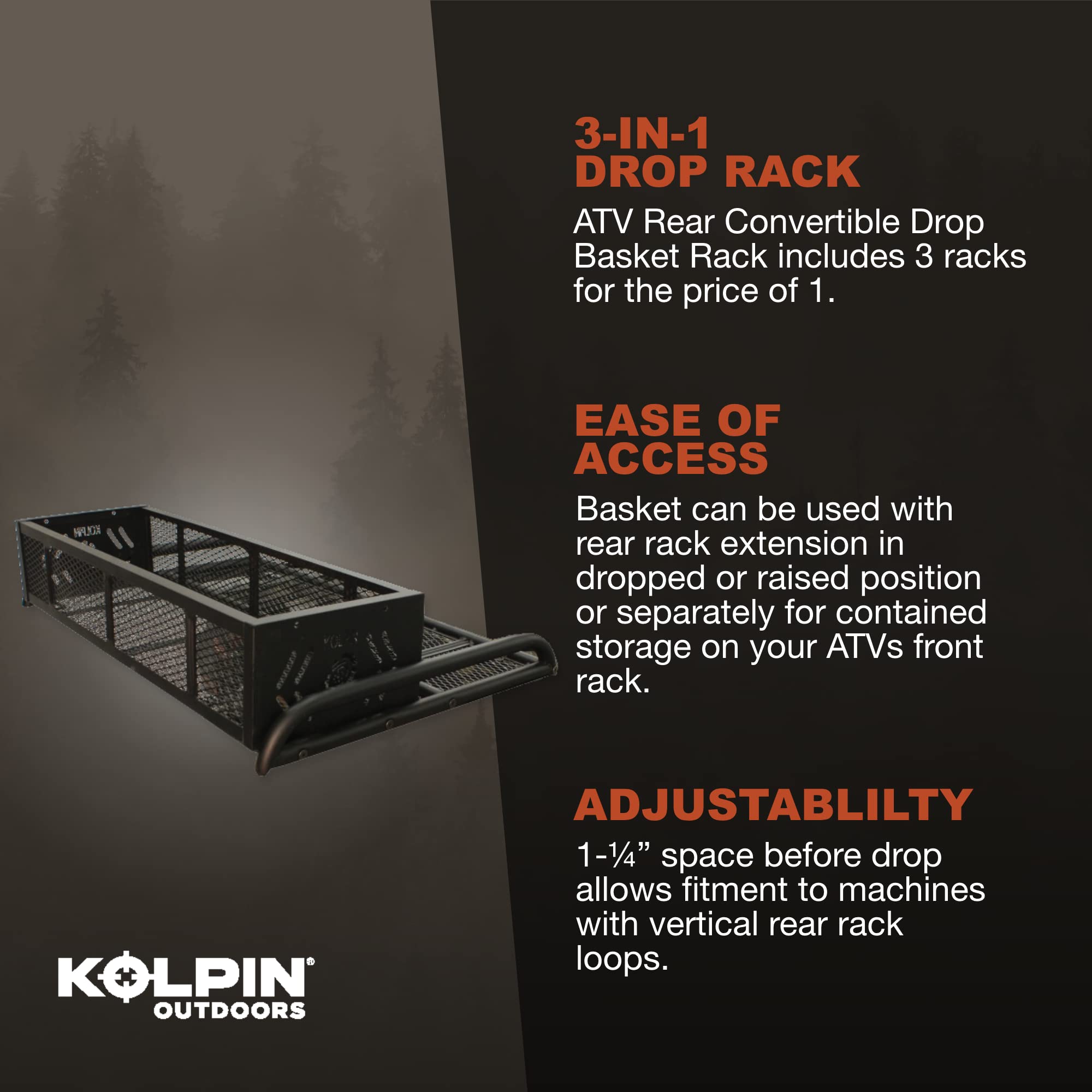 Kolpin 53350 ATV Rear Drop Rack Basket Convertible 3-in-1, Black, 43'' l x 31'' w x 10'' h