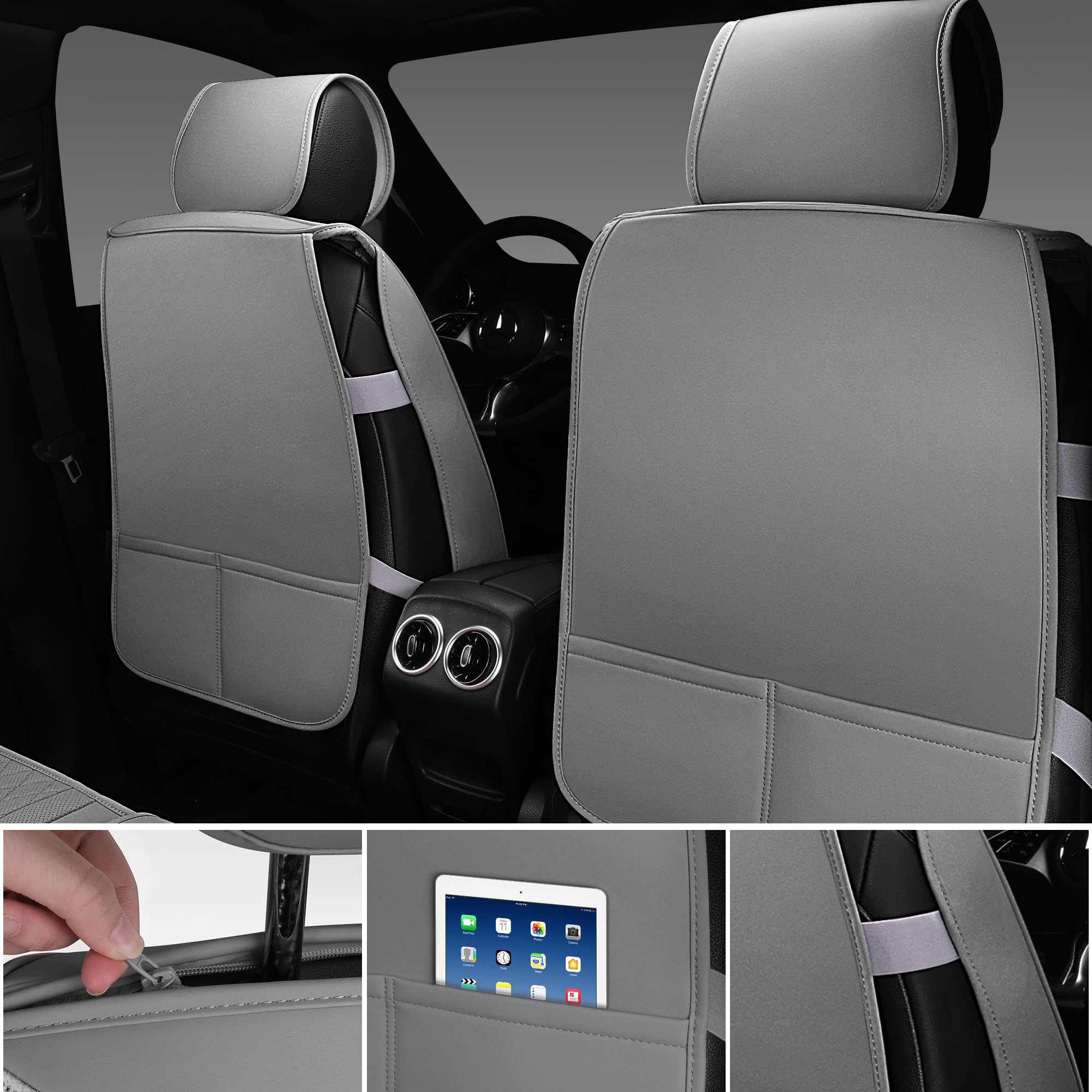 Car Pass Gray Leather Bling Car Seat Covers Full Set, Luxury Microfiber Nappa Pu Cushioned, Waterproof Anti-Slip Universal Fit F