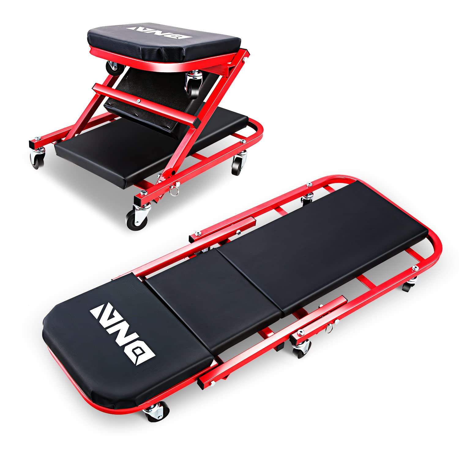 Dna Motoring Tools-00186 40 Inches 2 In 1 Rolling Folding Car Creeper/Seat, 6 Pcs 2'' Casters, 150Kg Weight Capacity, Red