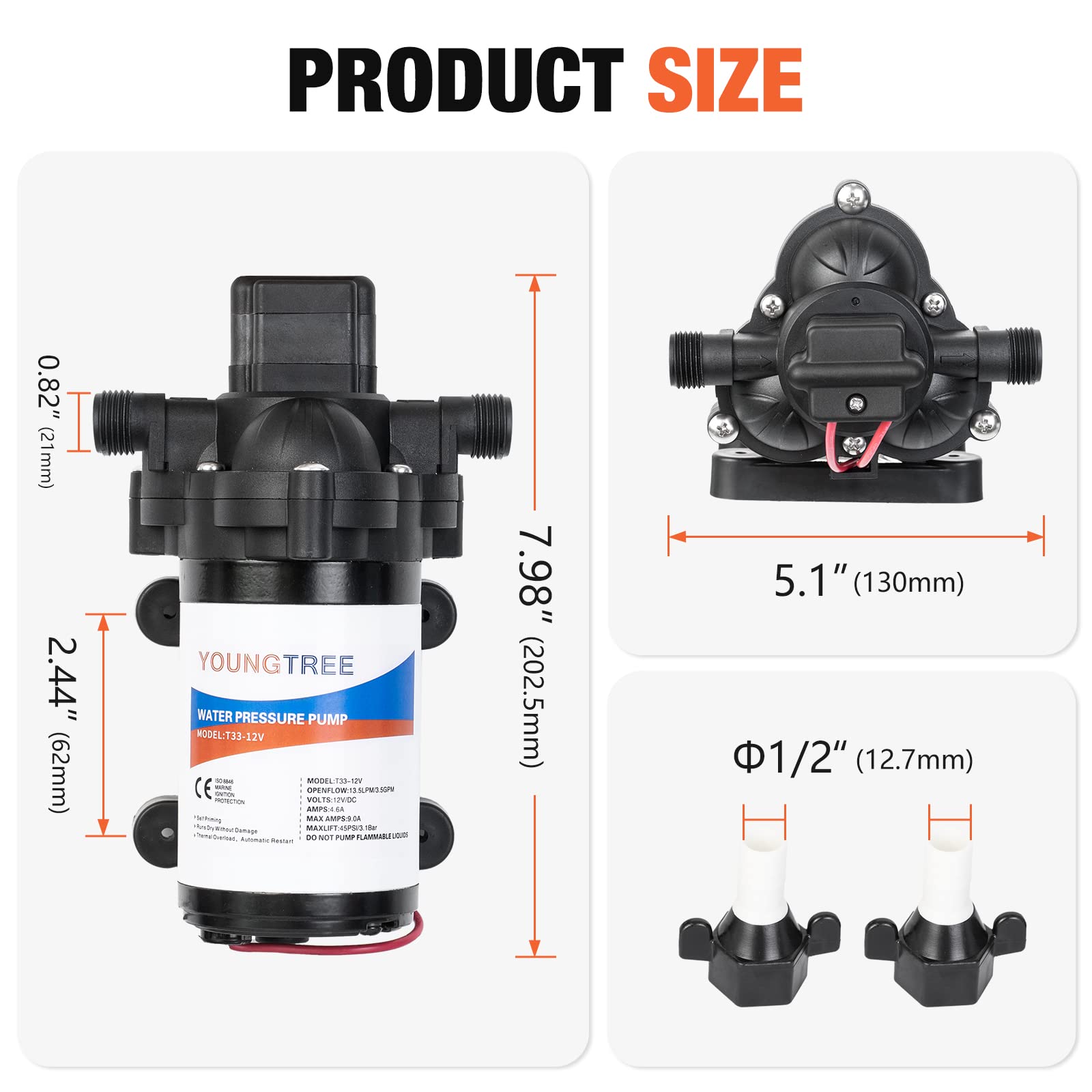 Youngtree Water Diaphragm Pump 12 Volt Dc 3.5 Gpm 45Psi, On Demand Self-Priming Water Pump For Rv Caranvan Marine Camper Sprayer