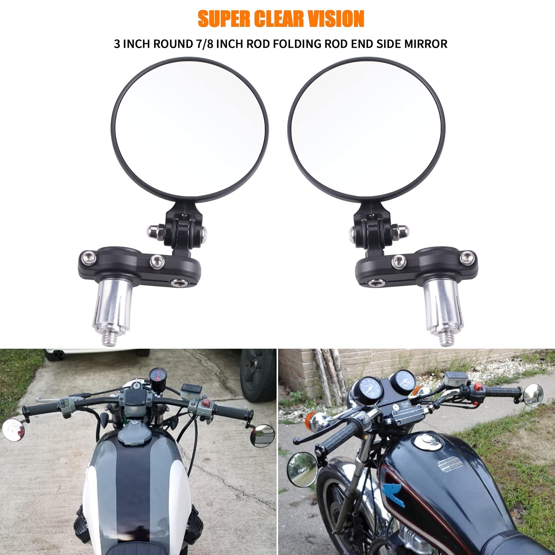 Oraevy Universal Motorcycle Mirrors - 3 Inch Round 7/8'' Bar Folding Bar End Side Mirror Compatible With Ebike Honda Scooter Suz