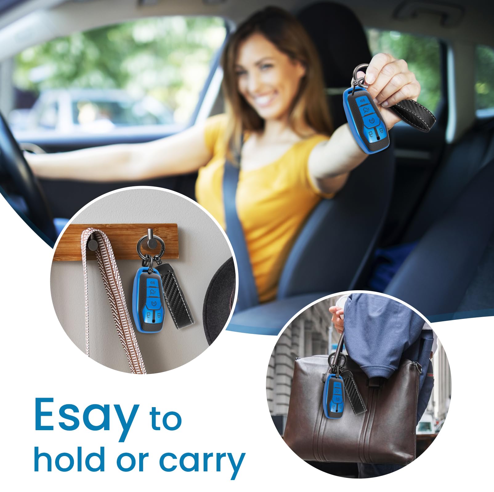 Ctrinews For Ford Key Fob Cover With Carbon Fiber Style Belt Keychain, Upgraded Tpu Surface Grain Case For Fusion Mustang F150-3