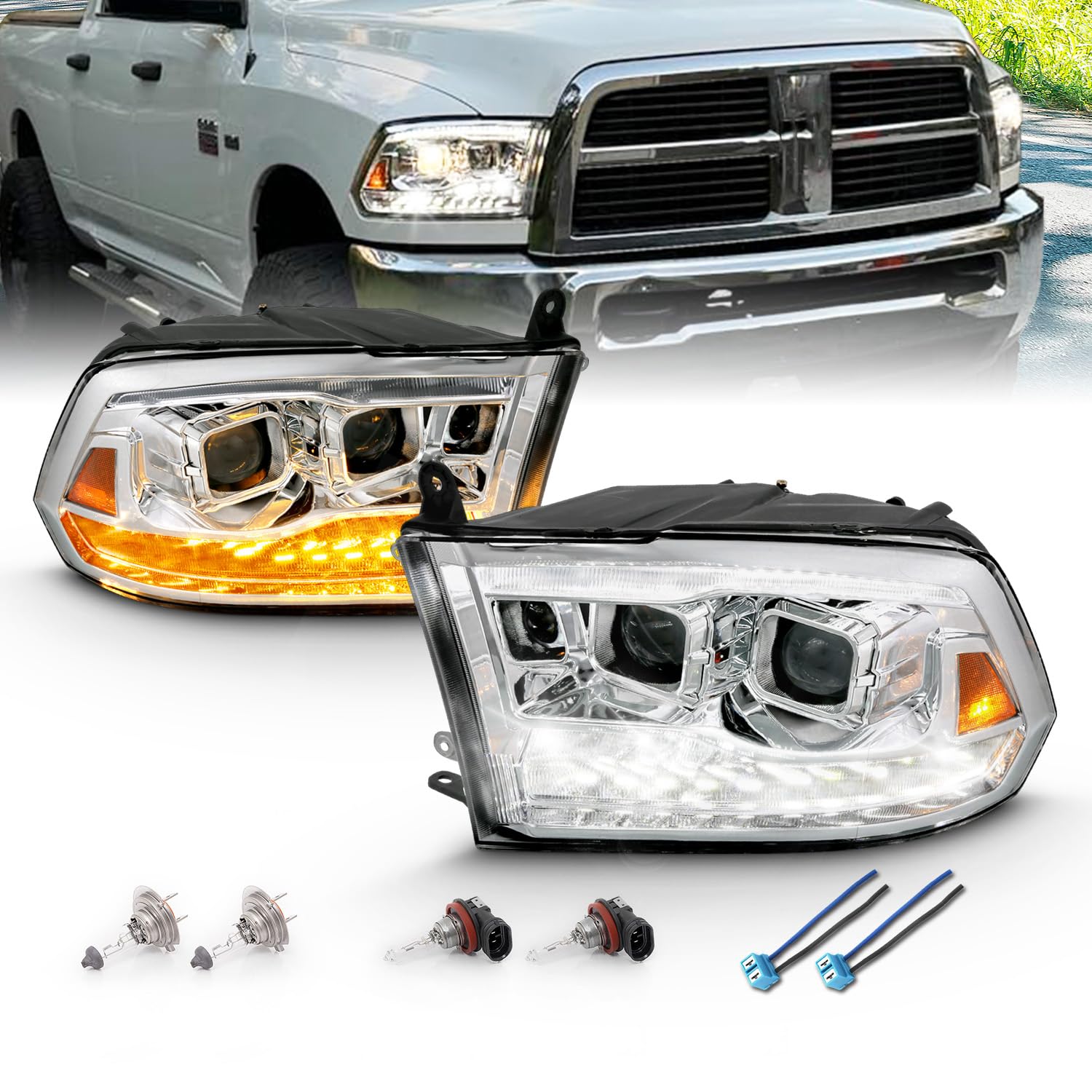 Amerilite For 2009-2018 Dodge Ram Pickup [Quad/Projector Model] Dual Square Projector Switchback Led Tube Chrome Headlights Asse