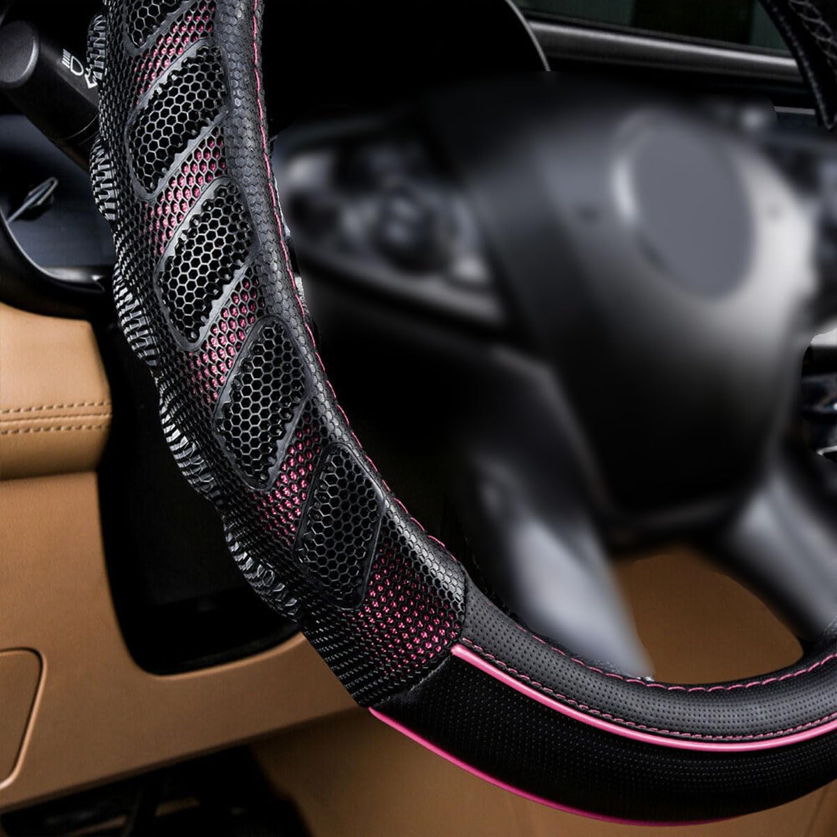 Flying Banner Car Steering Wheel Cover Faux Leather Massage Universal Fit 3D Honeycomb Hole Anti-Slip Sporty 15 Inches (Pink Bla