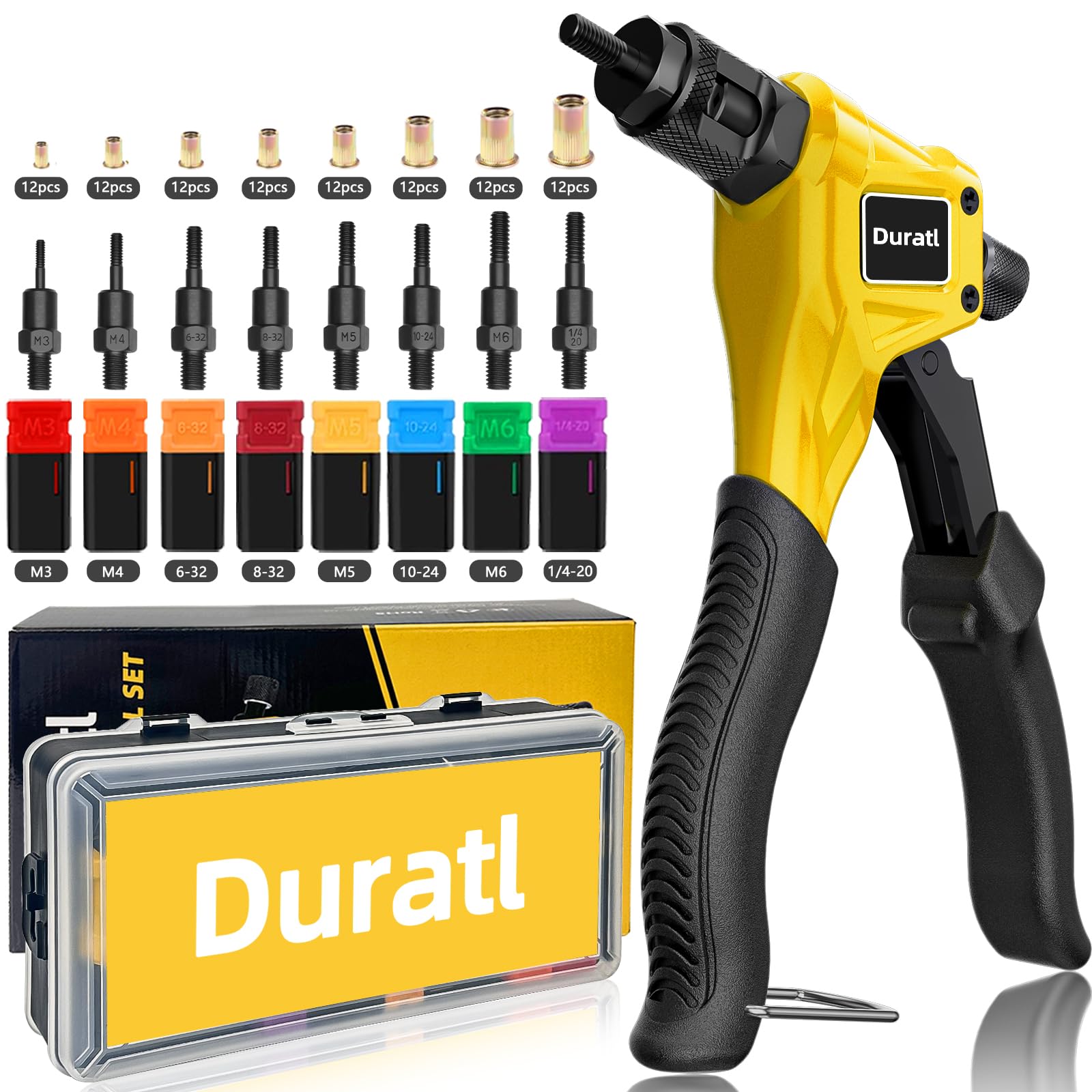 Duratl Rivet Nut Tool Kit, 8-Inch Hand Rivnut Tool For Tight Spaces, Nutsert Tool Kit With 96Pcs Rivnuts, 8 Metric & Sae Mandrel