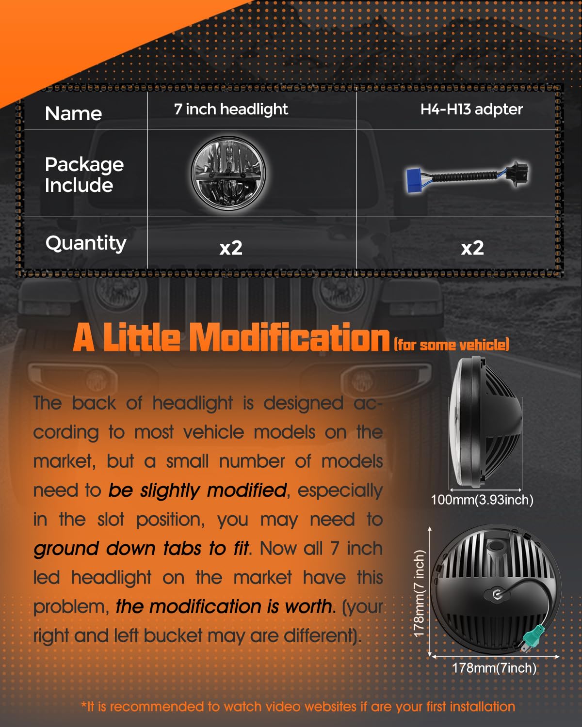 UNI-SHINE 7-Inch LED Headlights - DOT Approved Hi/Lo Beam for Jeep Wrangler, Chevy, Miata - Plug and Play, Black