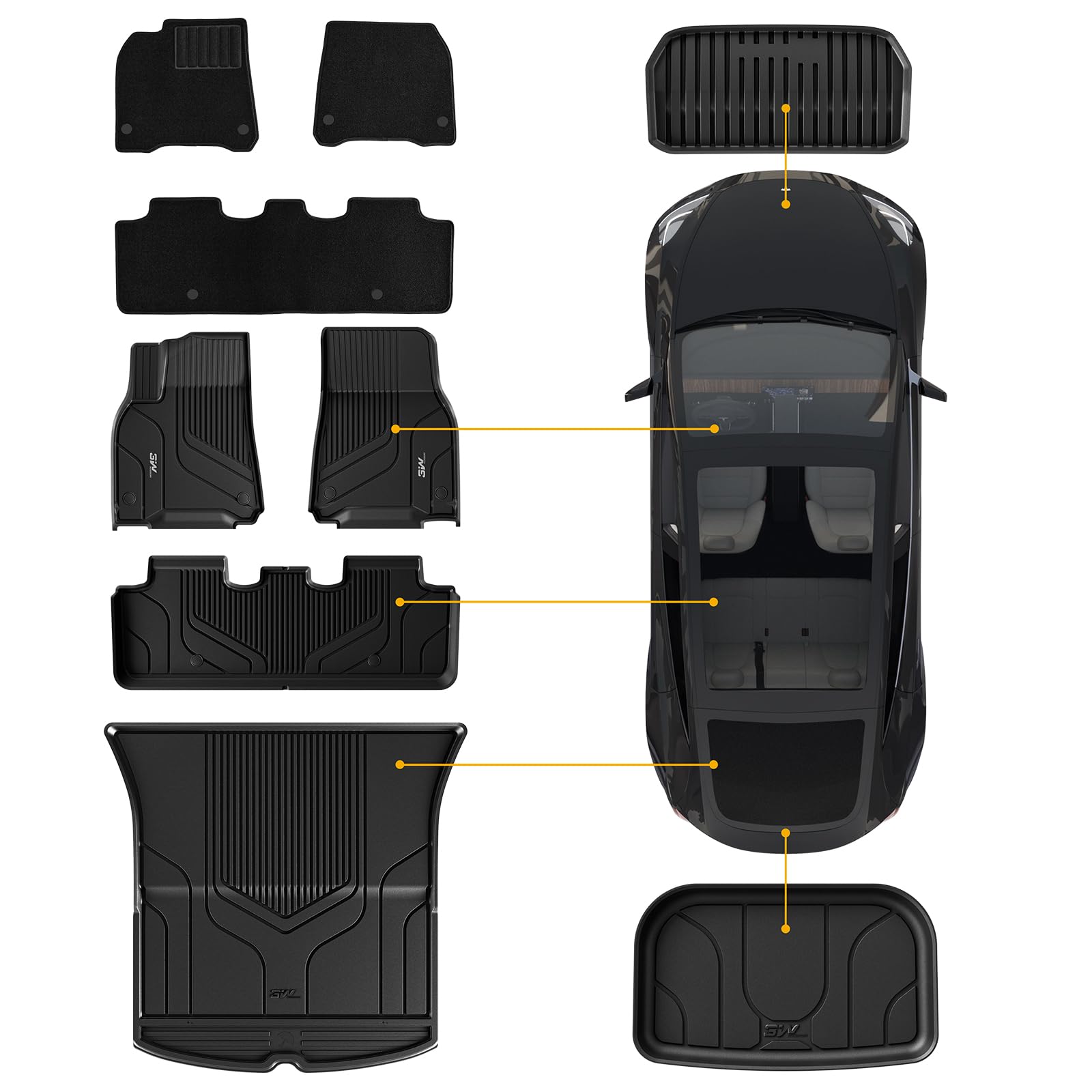 3W Floor Mats With Front Carpet On Top Fit For Tesla Model Y 2020-2024, 2025 All-Weather Tpe Full Set Floor Liners And Cargo Lin
