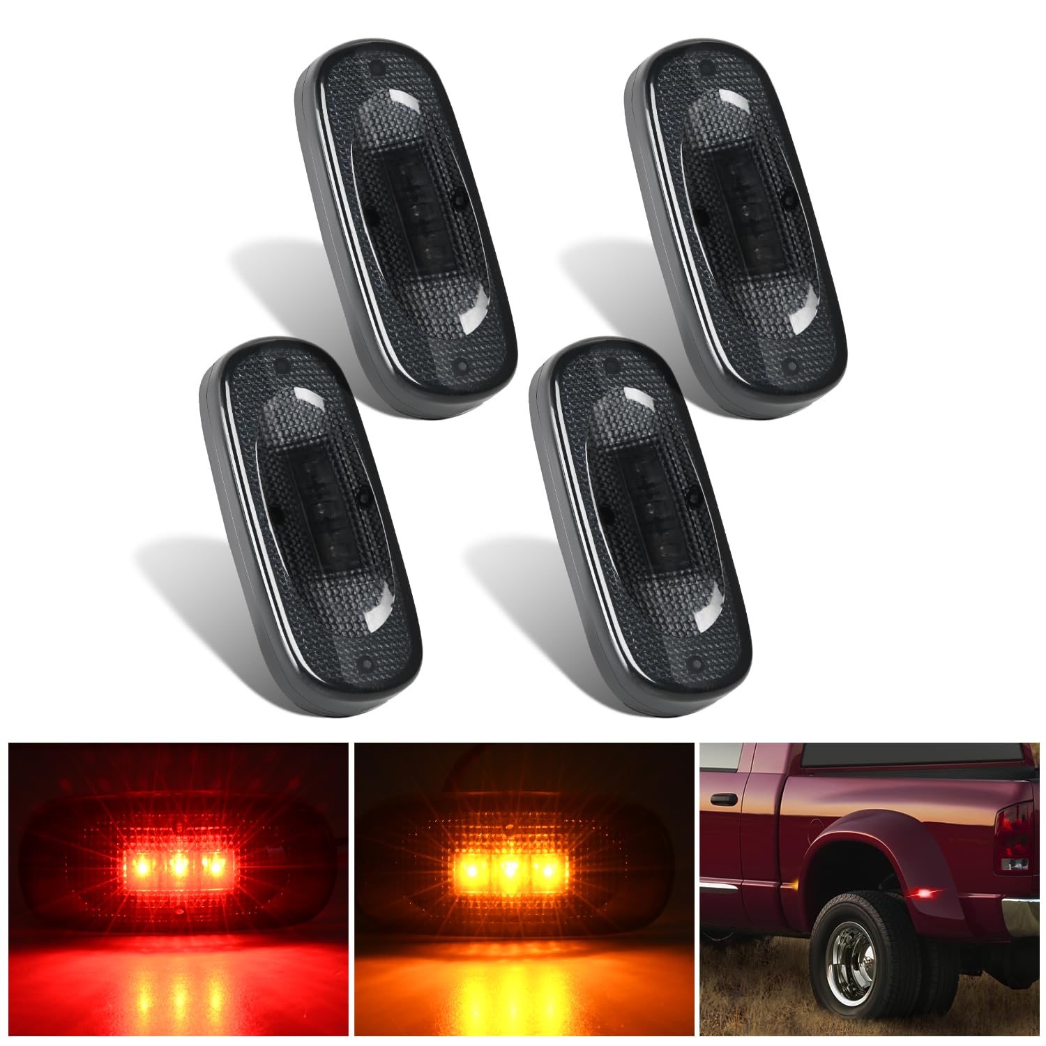 Nilight Wheel Fender Side Marker Lights 4 Pcs 3 Led Red Amber Front Rear Clearance Light Plug And Play Waterproof Smoked Lens Co