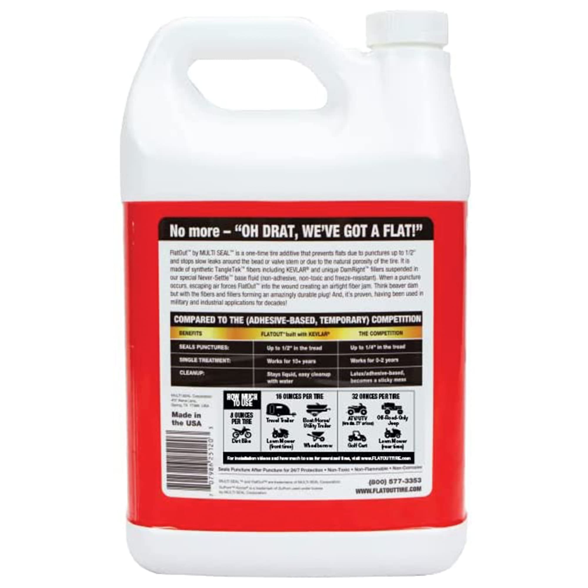 Flatout Off Road Tire Sealant, Outdoor Power Equipment Formula With Valve Core Tool, Prevents Flat Tires, Fix A Flat Tire, Seals Leaks, Contains Kevlar, 1 Gallon