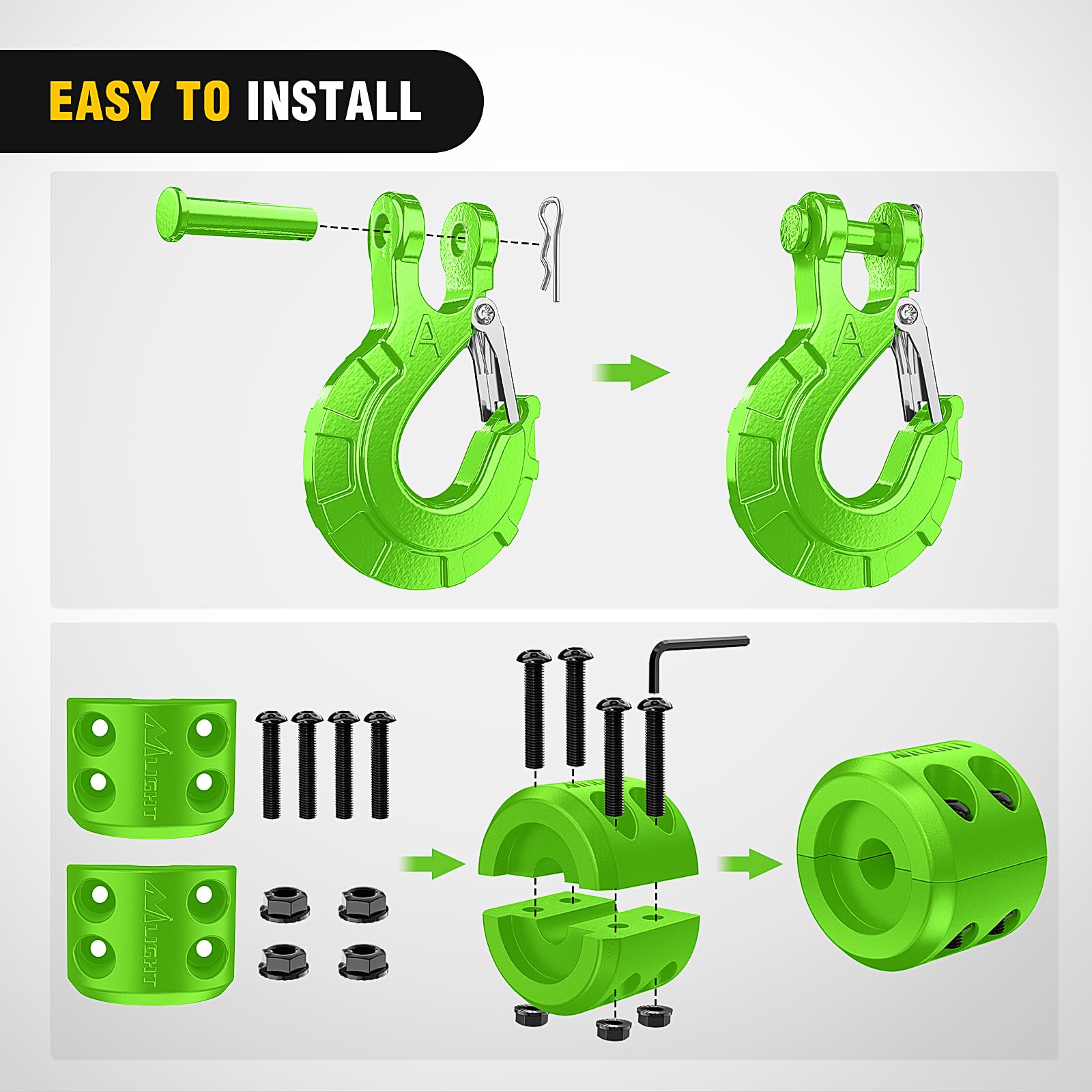 Nilight Forged Steel Winch Hook 3/8'' Grade 70 Safety Latch Winch Cable Hook Stopper & Clevis Slip Hook Sets, Included Allen Wre