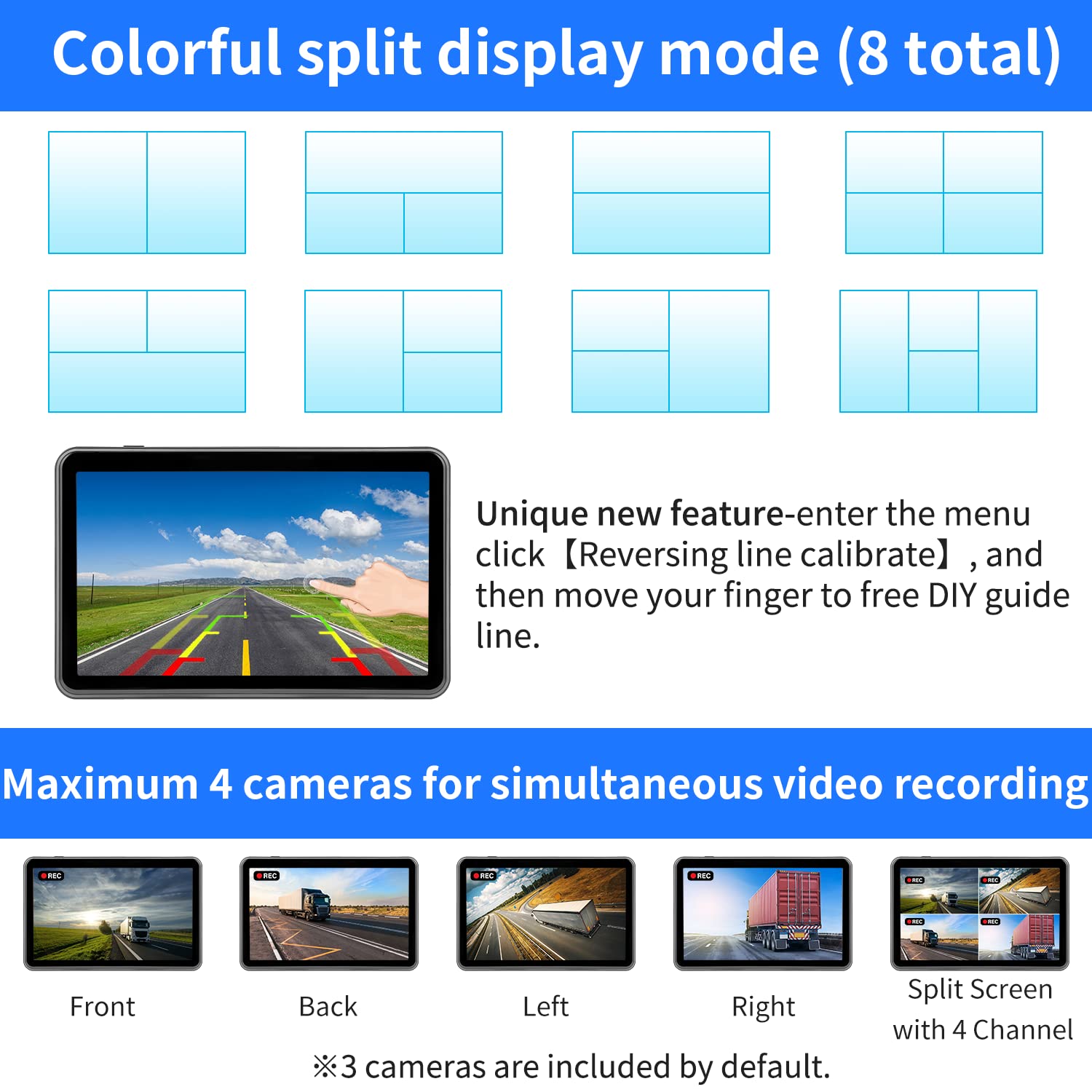 10.1'' Wired Backup Camera System With Touch Screen Monitor For Truck Rv Bus Trailer, 3 Reverse Rear View & Side View Ahd1080P C