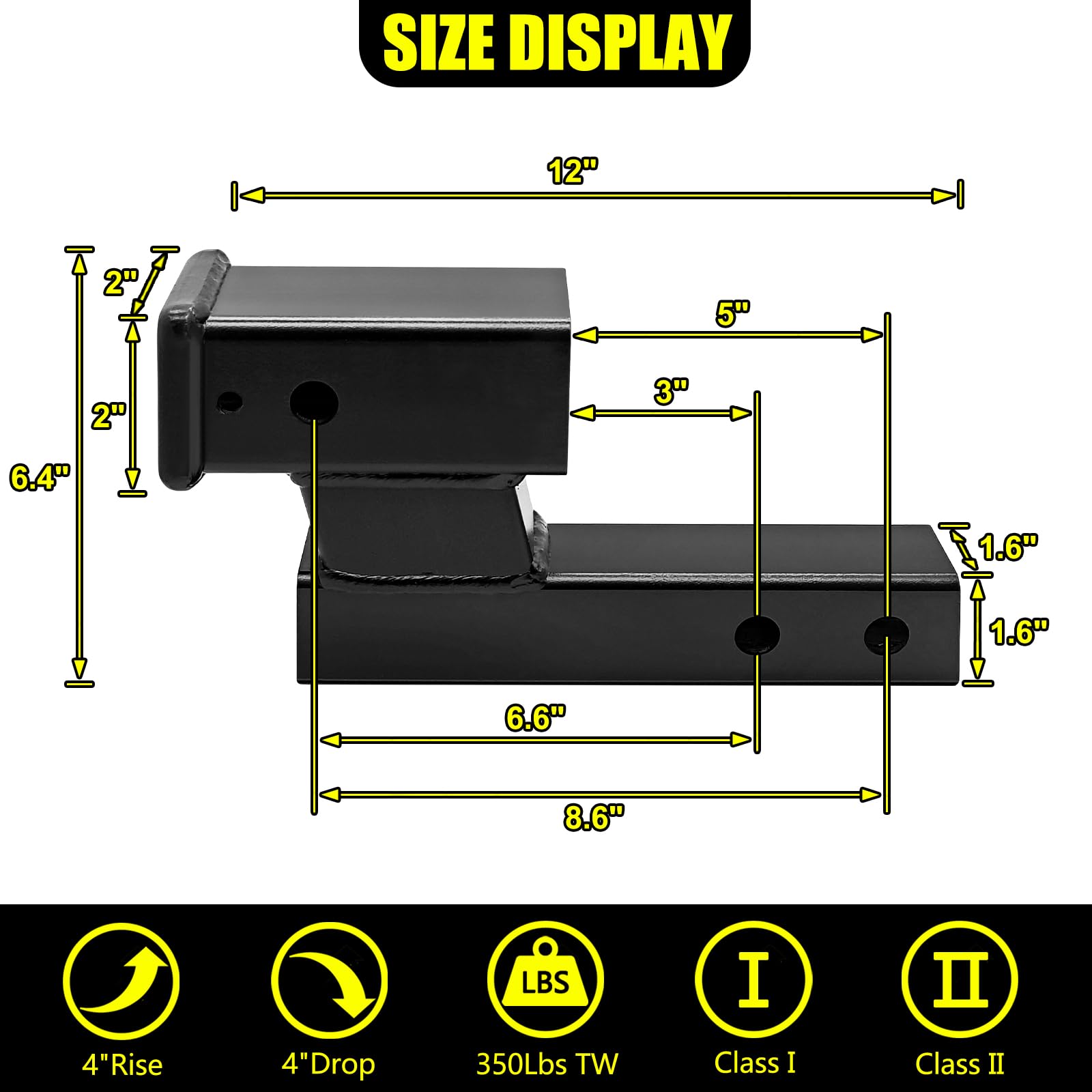 Kairay Trailer Receiver Hitch Riser Extender Adapter 4'' Drop/Riser, 8'' And 10'' Extension Length, 2'' Shank, 7500Lbs Towing Ca
