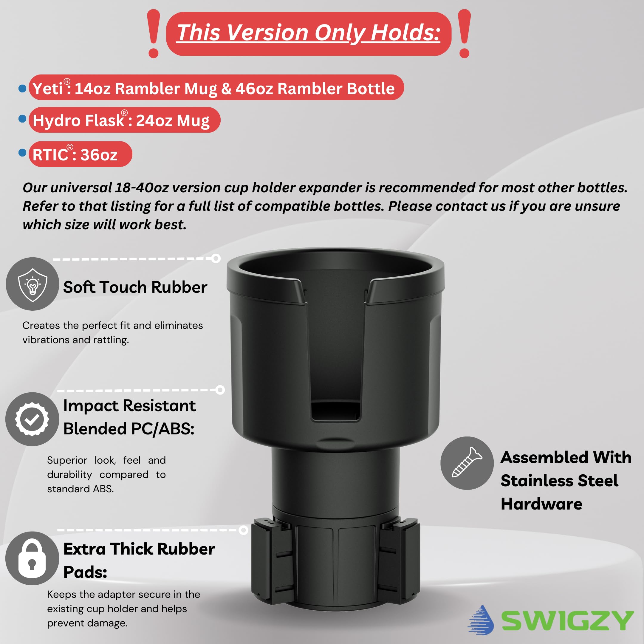 Swigzy Extra Wide Car Cup Holder Expander - Made For Yeti 14Oz & 46Oz Rambler, Hydro Flask 24Oz Mug, Rtic 36Oz Bottles - Adapter